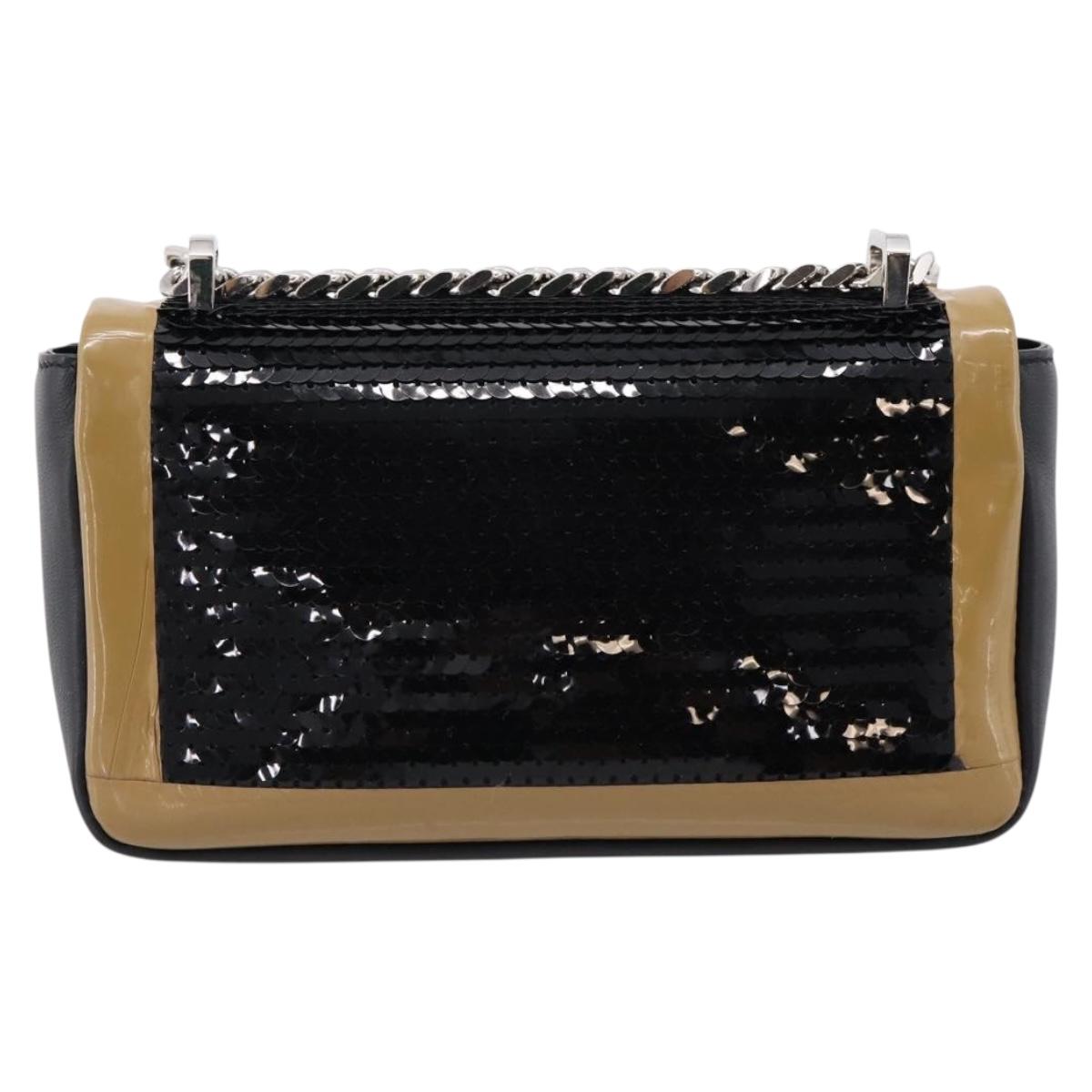 BURBERRY Chain Shoulder Bag Leather Sequins Black Silver Auth bs37543V