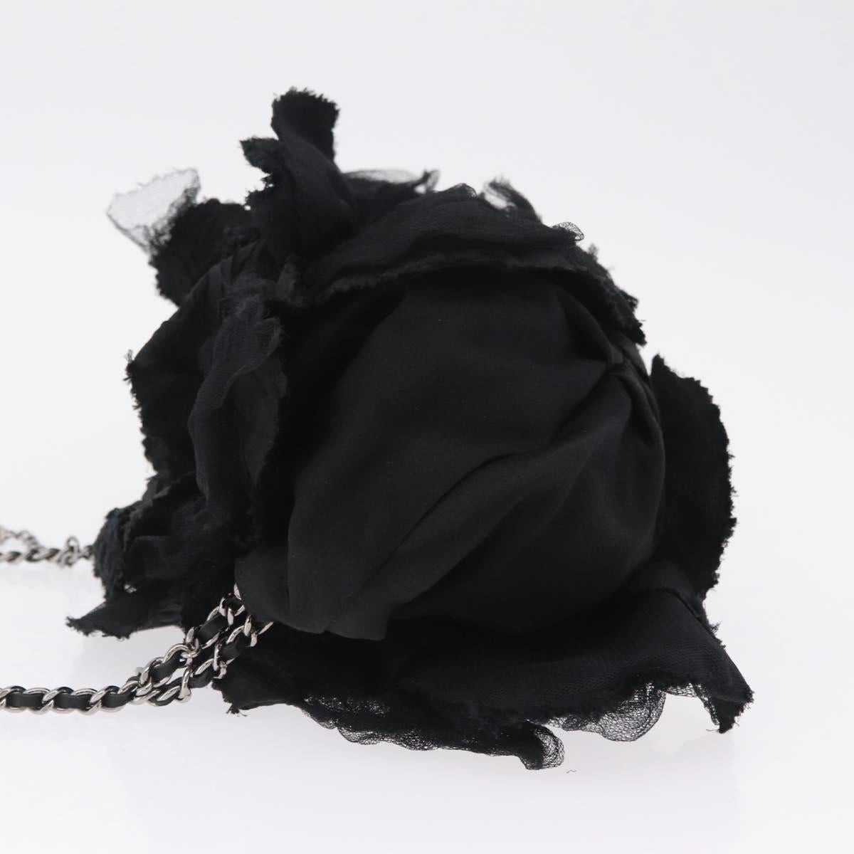 CHANEL Camelia Chain Shoulder Bag Satin Black Silver CC Auth bs37571M