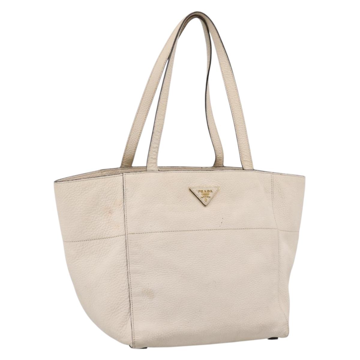 PRADA Tote Bag Leather White Gold Auth bs37576