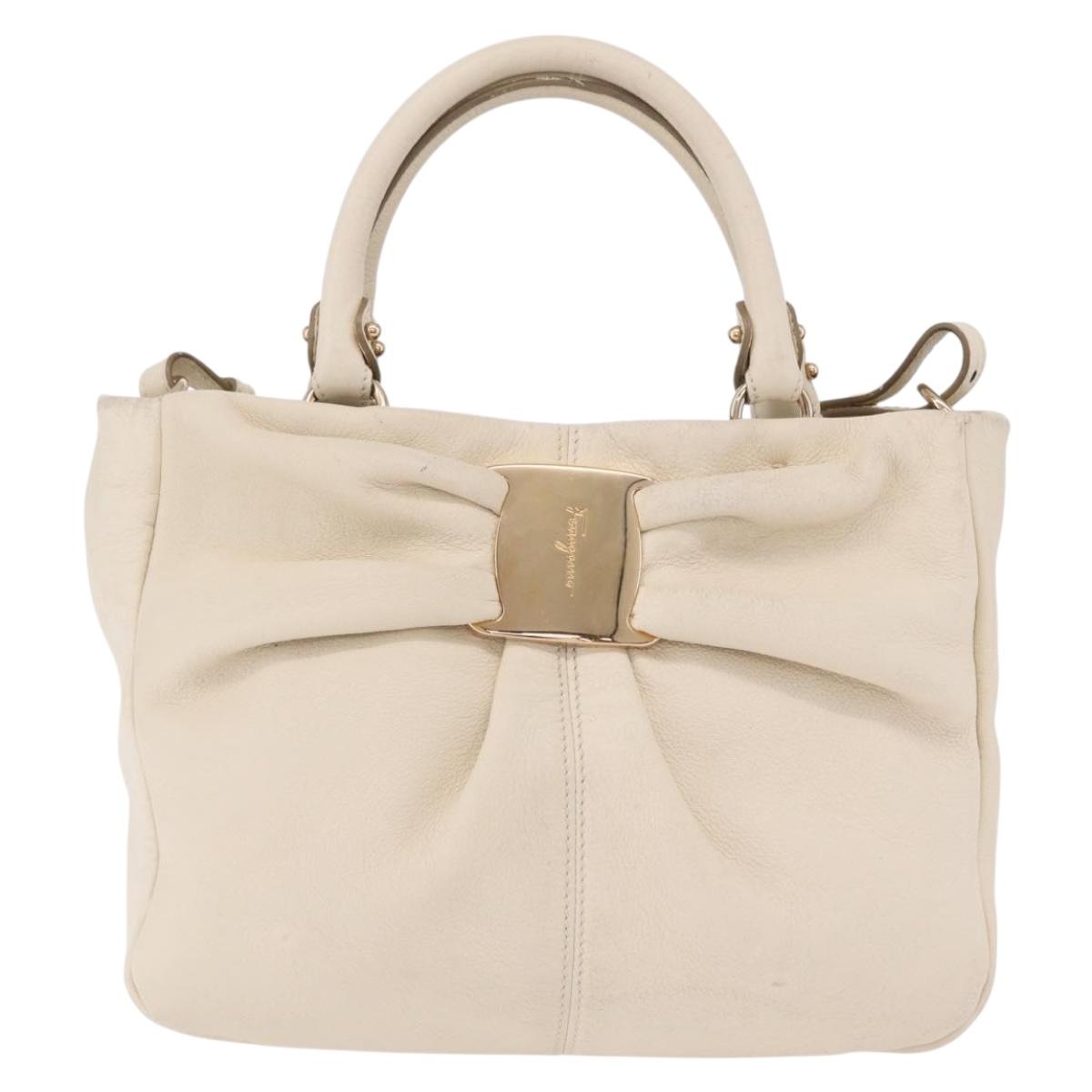 Salvatore Ferragamo Hand Bag Leather 2way White Gold Auth bs37590