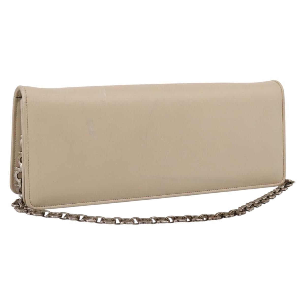 Salvatore Ferragamo Gancini Chain Shoulder Bag Leather Beige Silver Auth bs37592