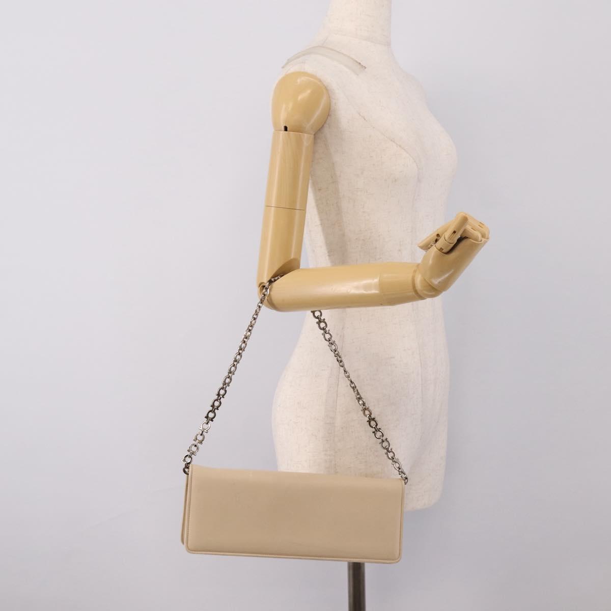 Salvatore Ferragamo Gancini Chain Shoulder Bag Leather Beige Silver Auth bs37592
