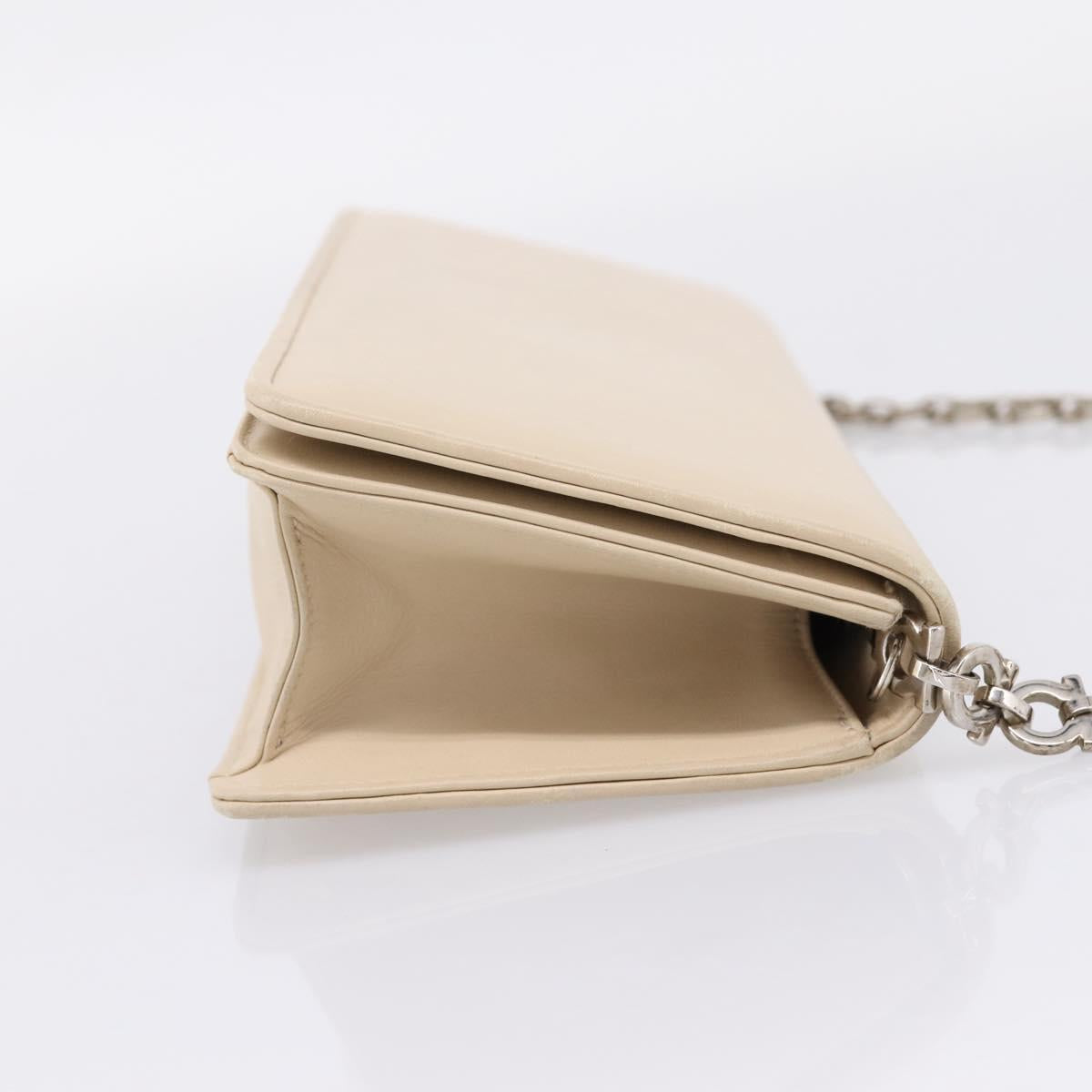 Salvatore Ferragamo Gancini Chain Shoulder Bag Leather Beige Silver Auth bs37592