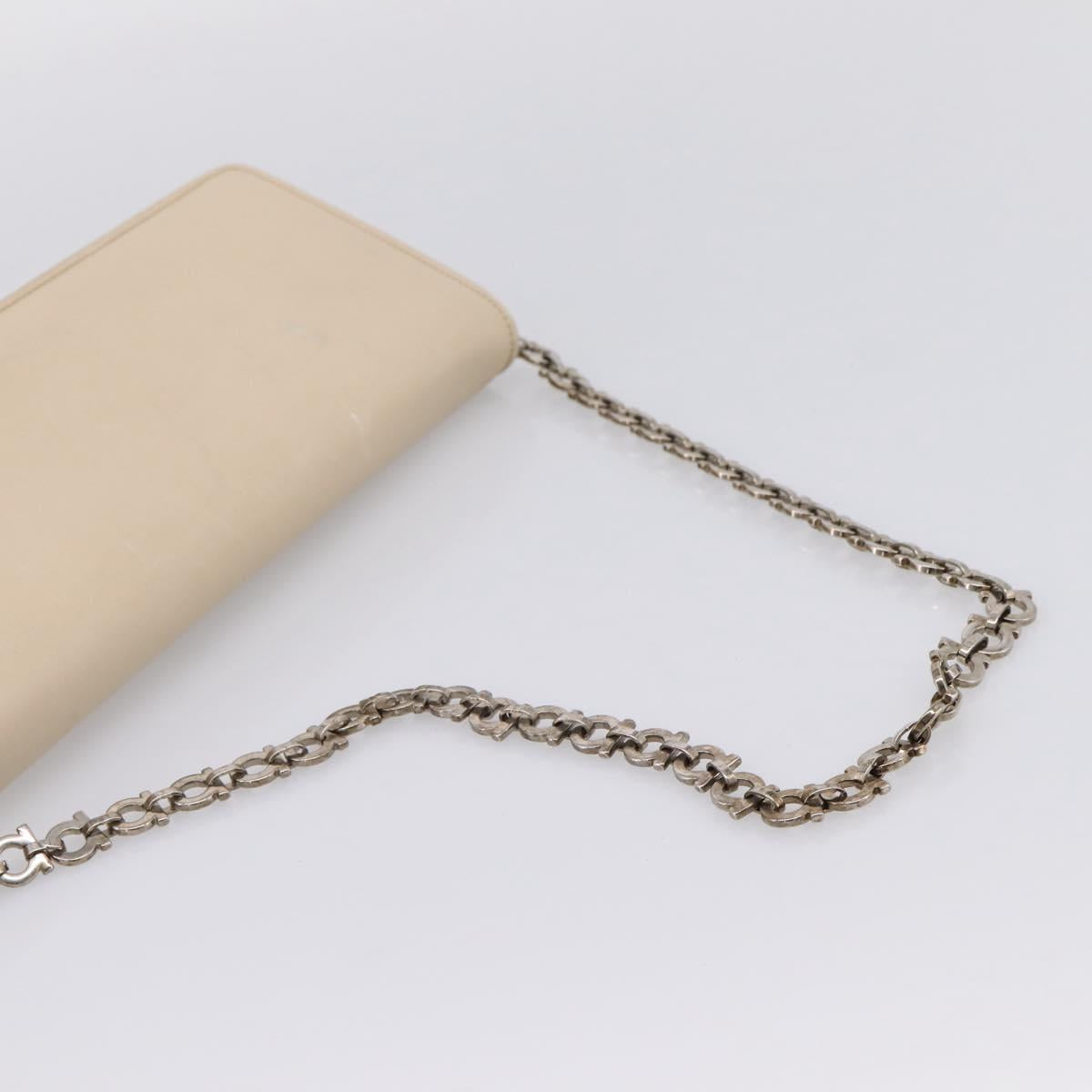 Salvatore Ferragamo Gancini Chain Shoulder Bag Leather Beige Silver Auth bs37592