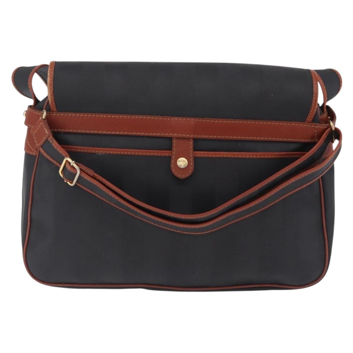 FENDI Pecan Canvas Shoulder Bag PVC Black Brown Auth bs37595