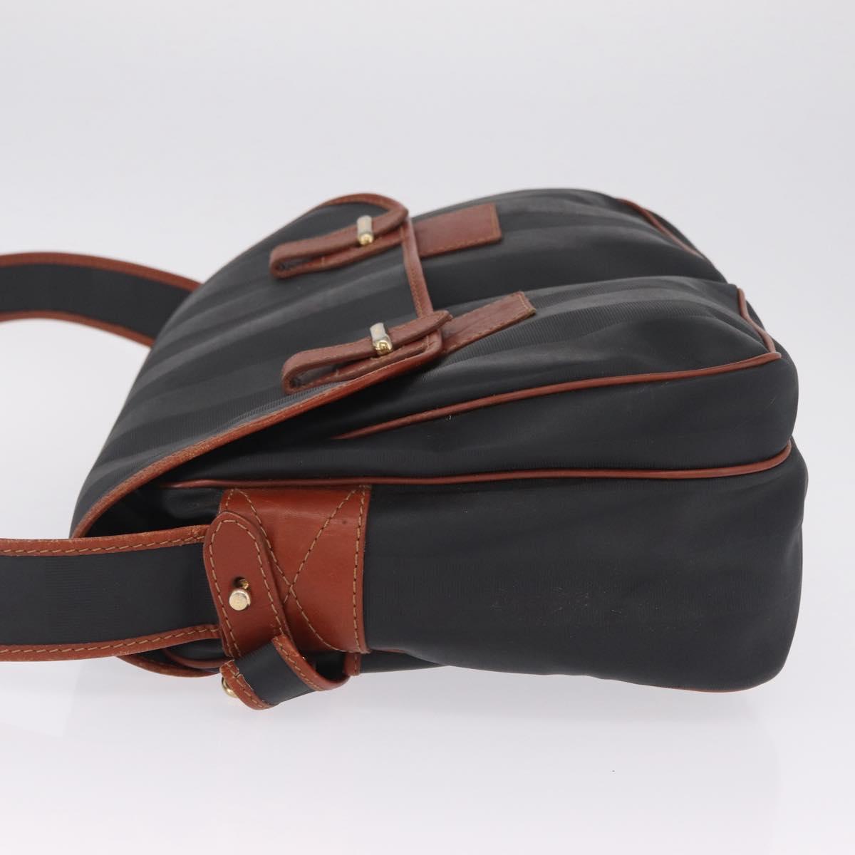 FENDI Pecan Canvas Shoulder Bag PVC Black Brown Auth bs37595