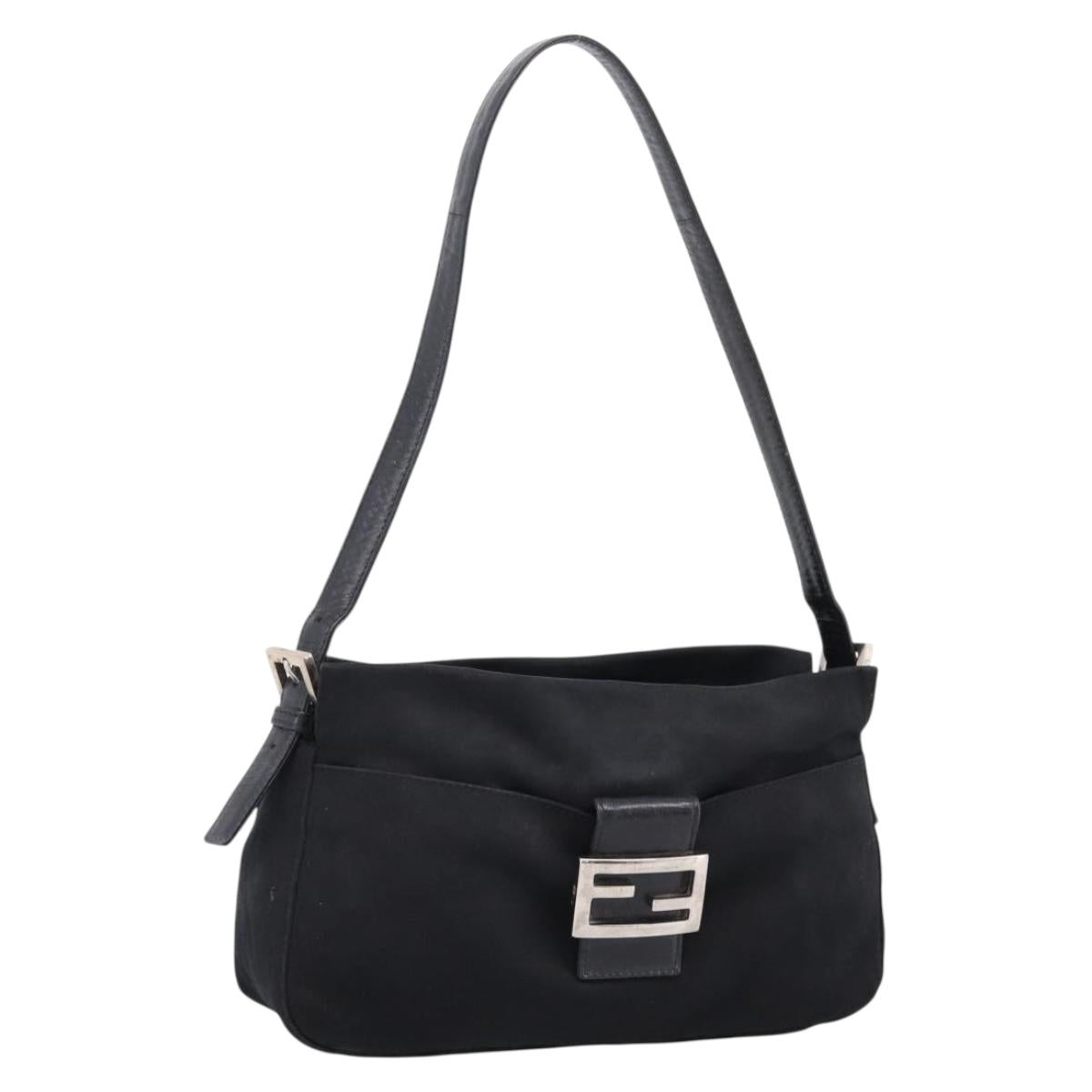 FENDI Mamma Baguette Shoulder Bag Cotton Jersey Black Silver Auth bs37644