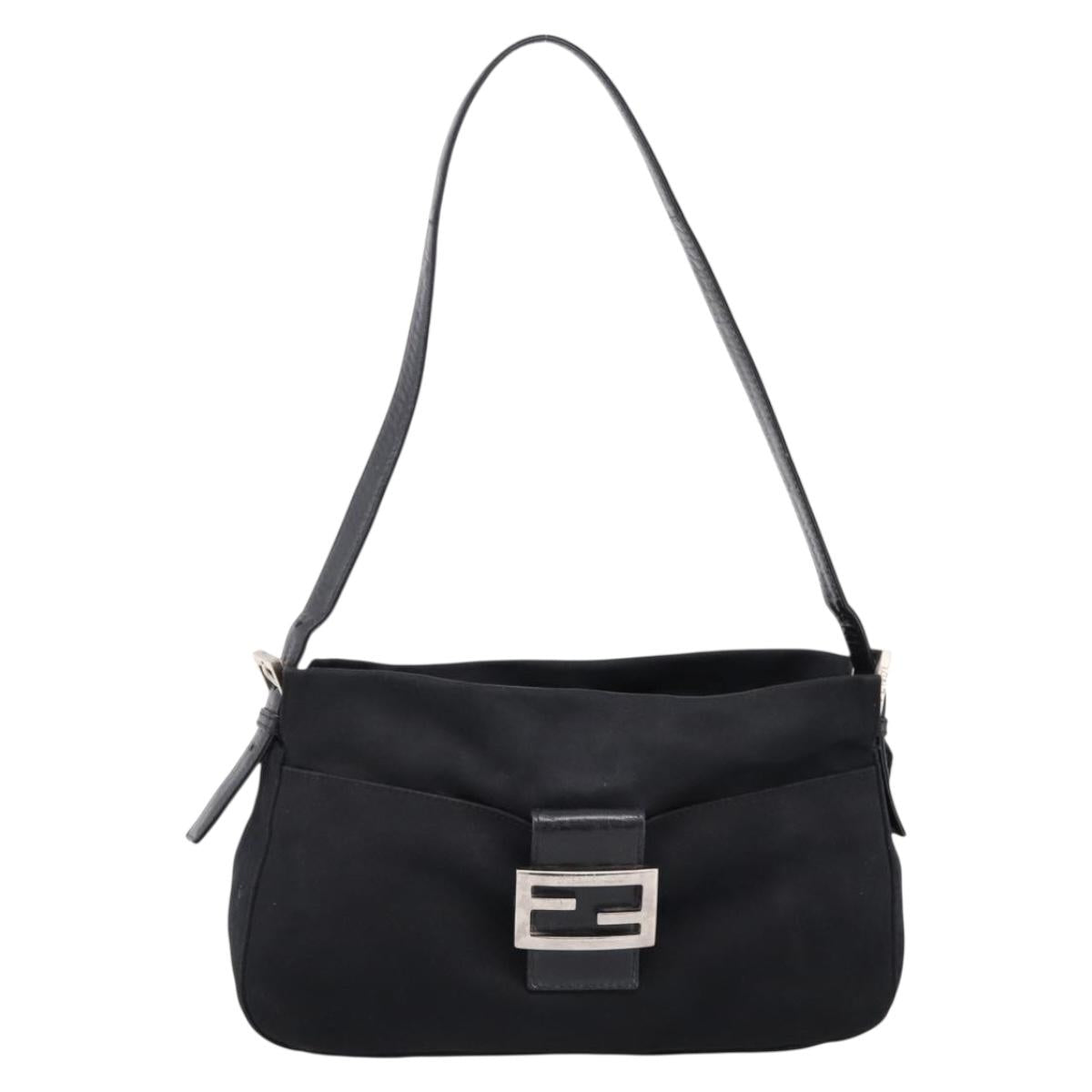 FENDI Mamma Baguette Shoulder Bag Cotton Jersey Black Silver Auth bs37644