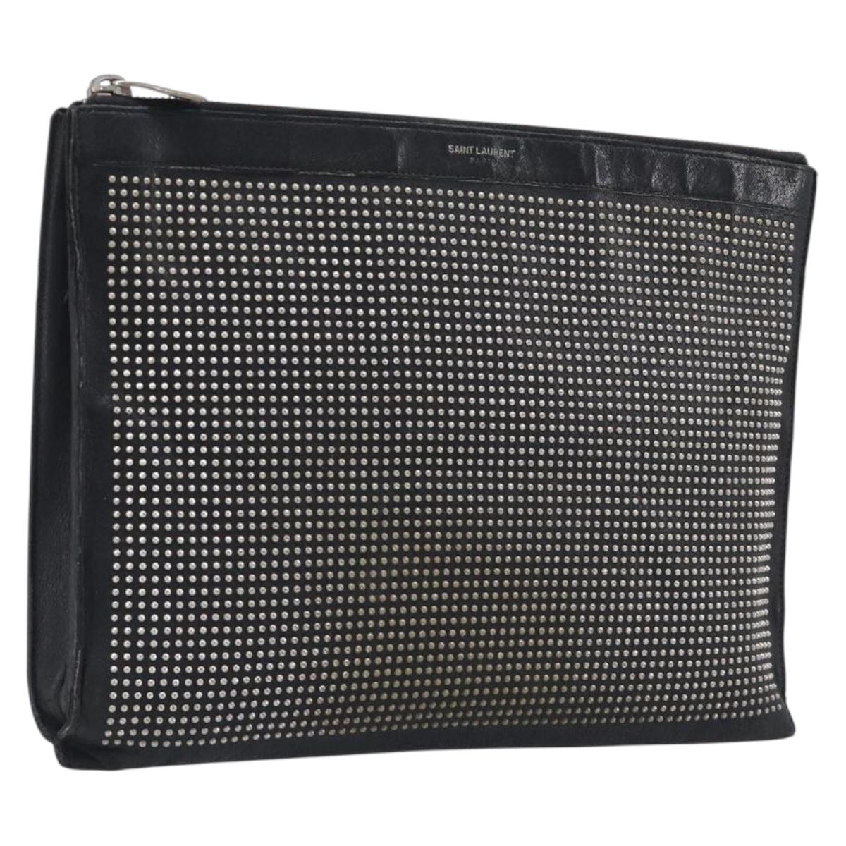 Saint Laurent Clutch Bag Leather Black Silver Auth bs37645