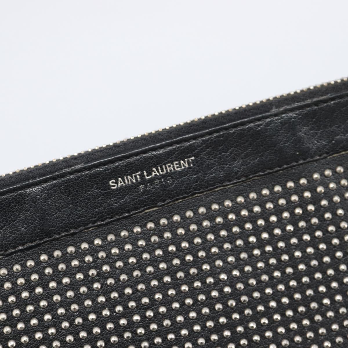 Saint Laurent Clutch Bag Leather Black Silver Auth bs37645