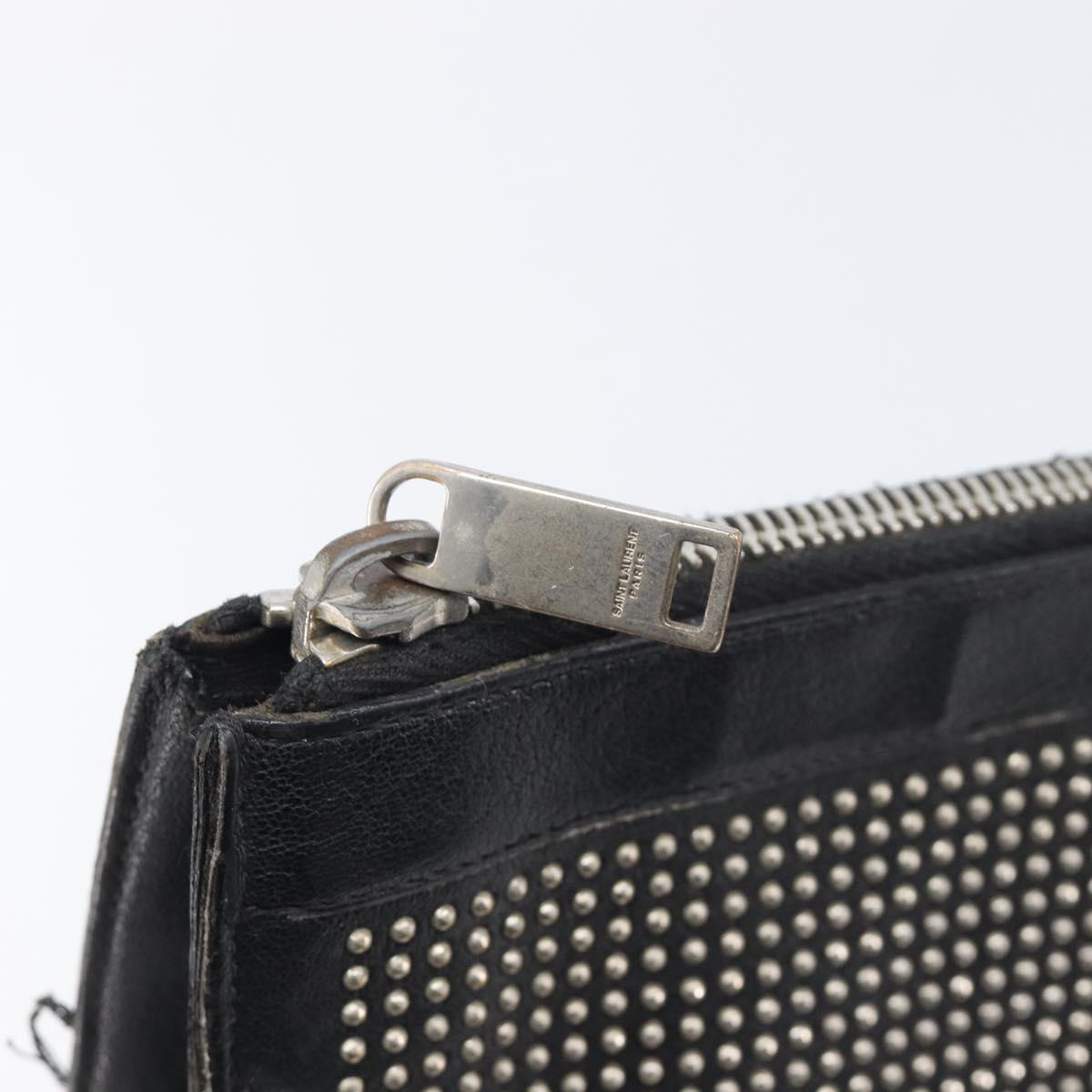 Saint Laurent Clutch Bag Leather Black Silver Auth bs37645
