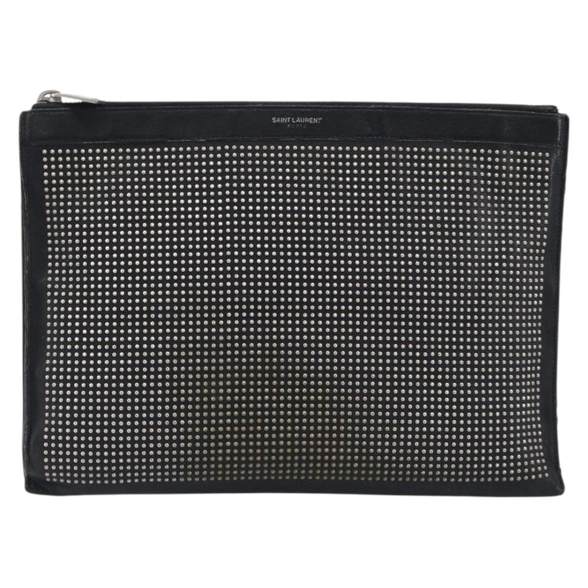 Saint Laurent Clutch Bag Leather Black Silver Auth bs37645