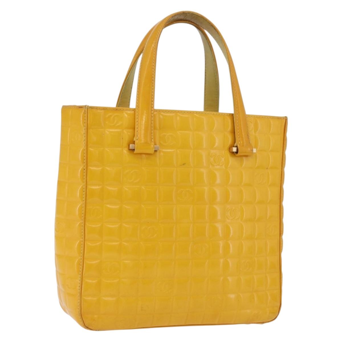 CHANEL Choco Bar Hand Bag Patent leather Yellow Gold CC Auth bs37655