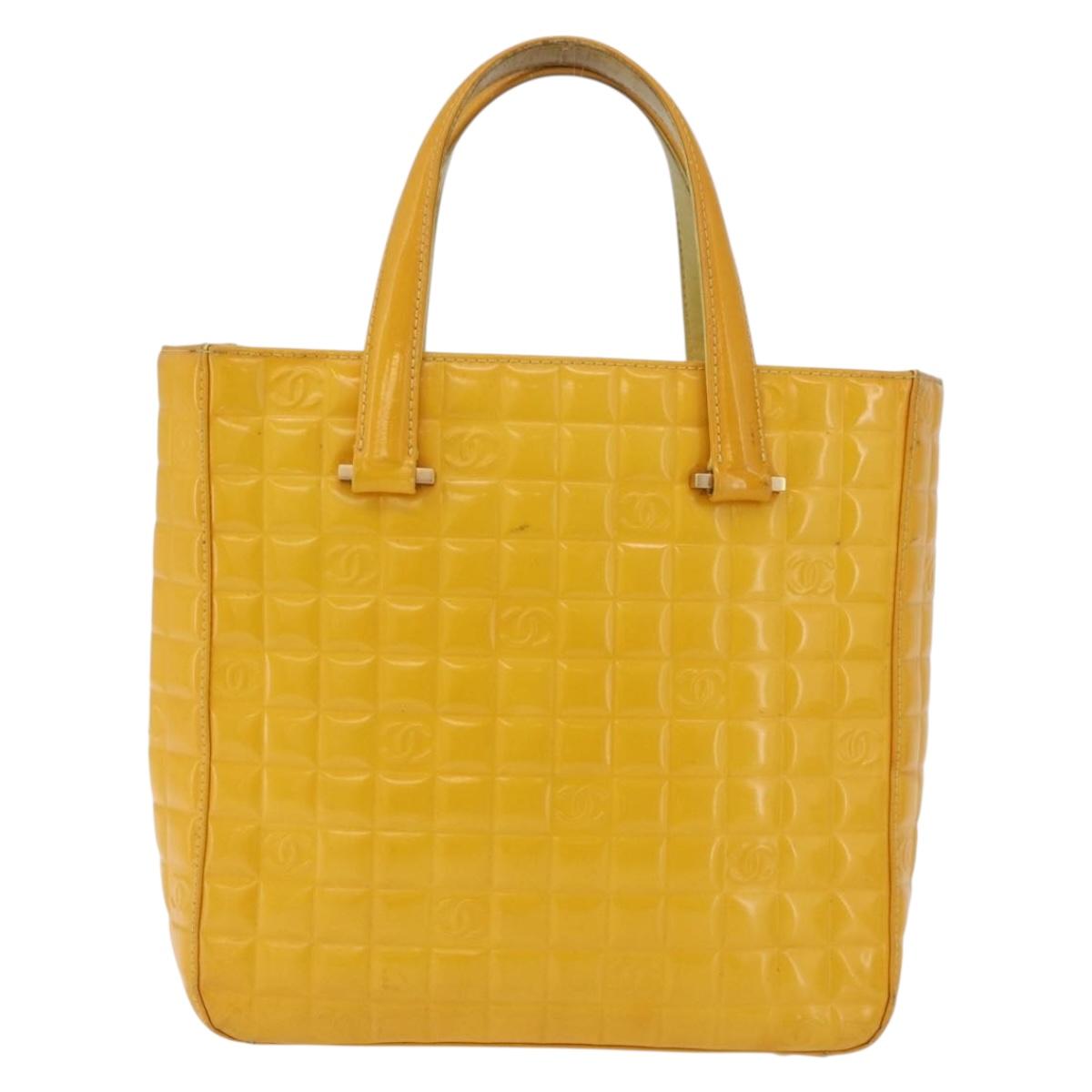 CHANEL Choco Bar Hand Bag Patent leather Yellow Gold CC Auth bs37655