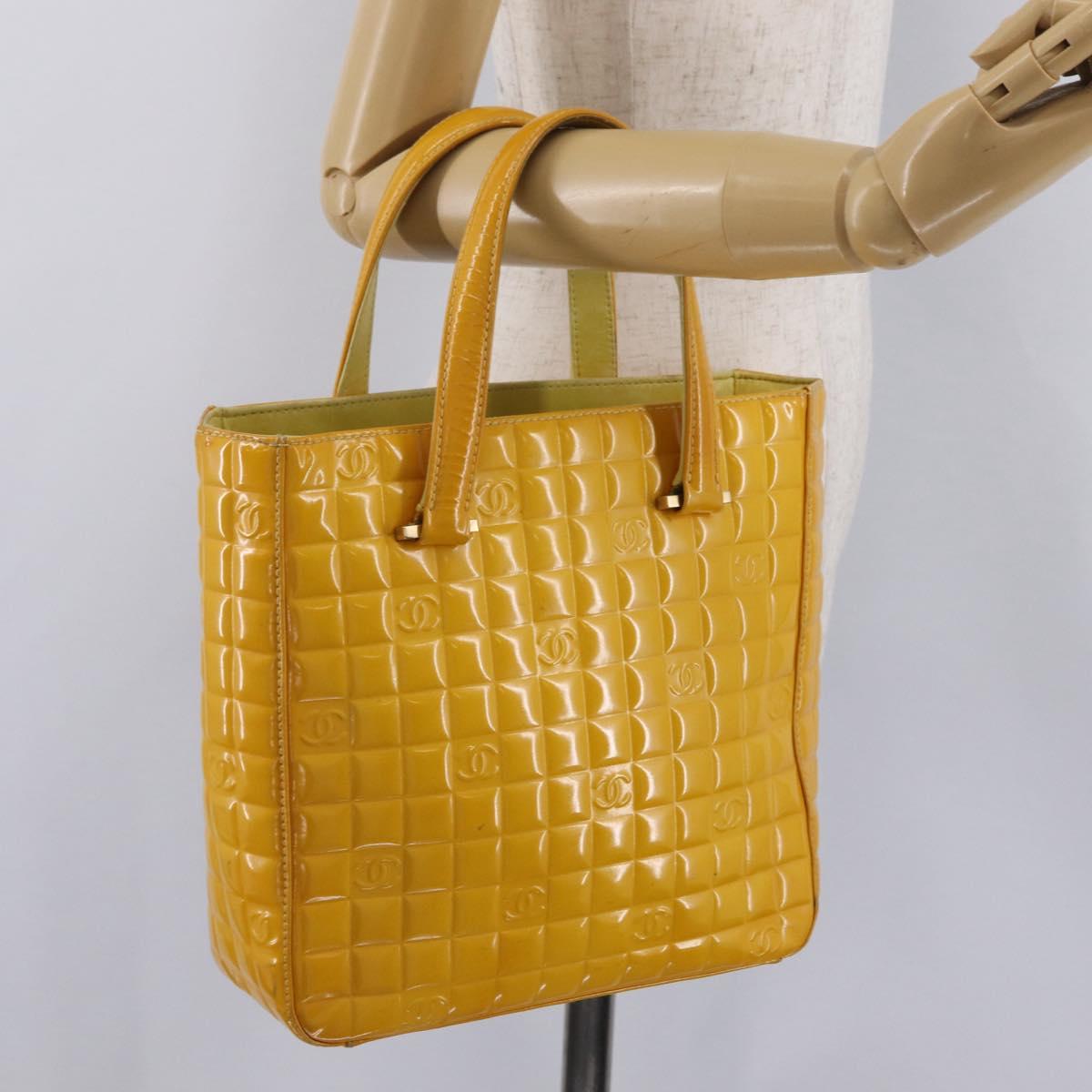 CHANEL Choco Bar Hand Bag Patent leather Yellow Gold CC Auth bs37655