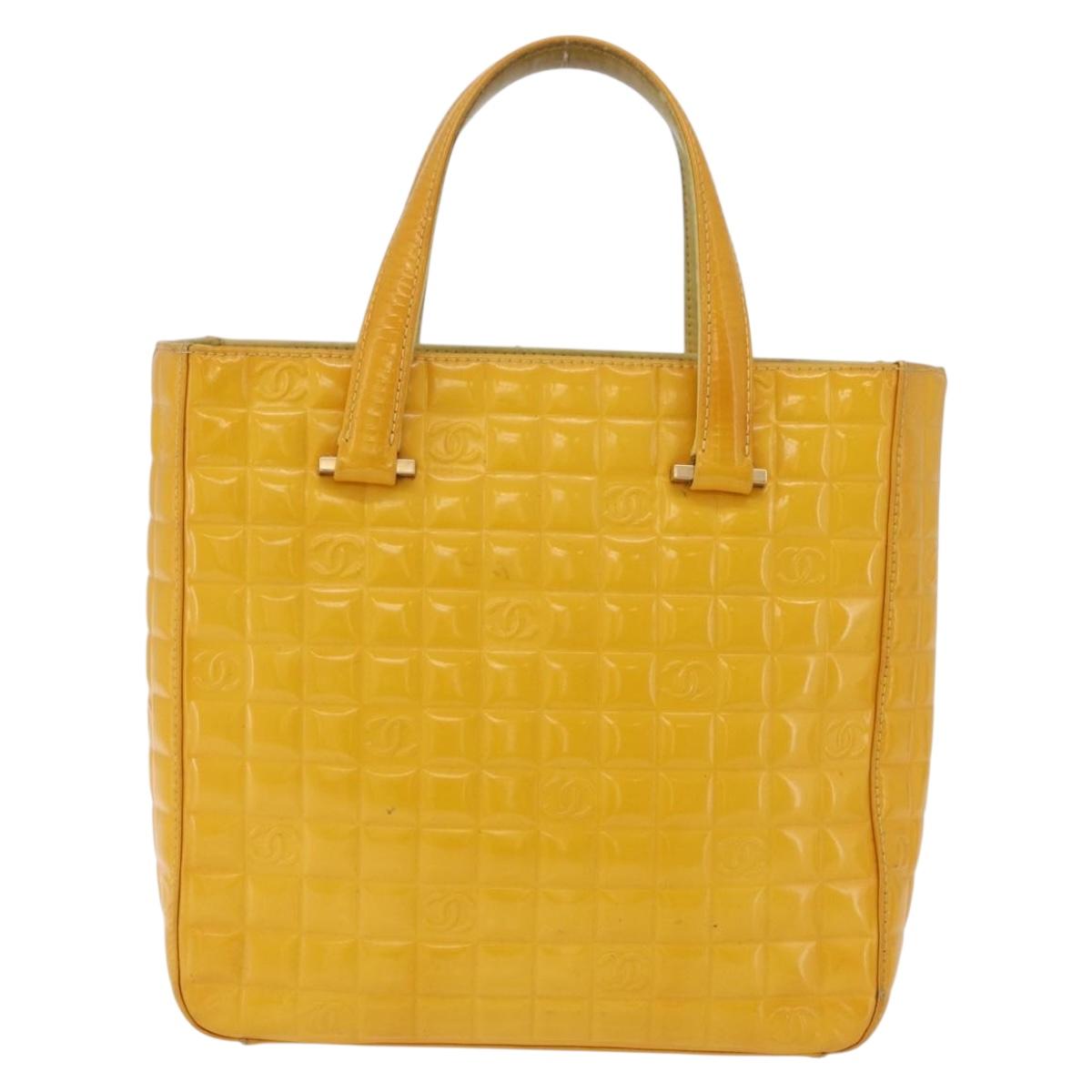 CHANEL Choco Bar Hand Bag Patent leather Yellow Gold CC Auth bs37655