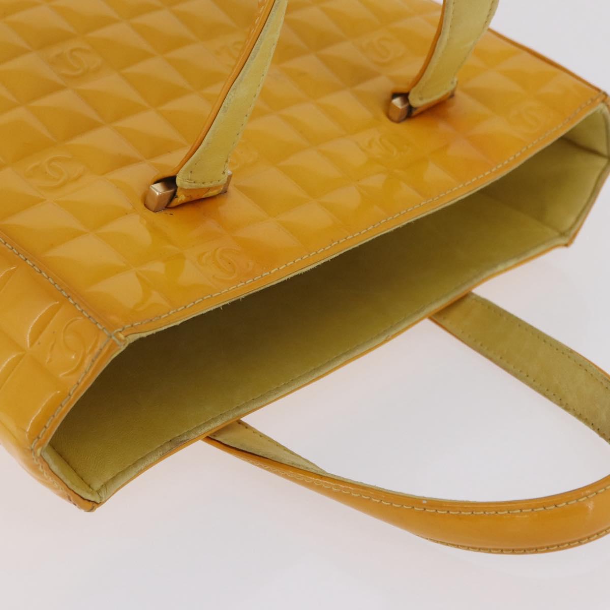 CHANEL Choco Bar Hand Bag Patent leather Yellow Gold CC Auth bs37655