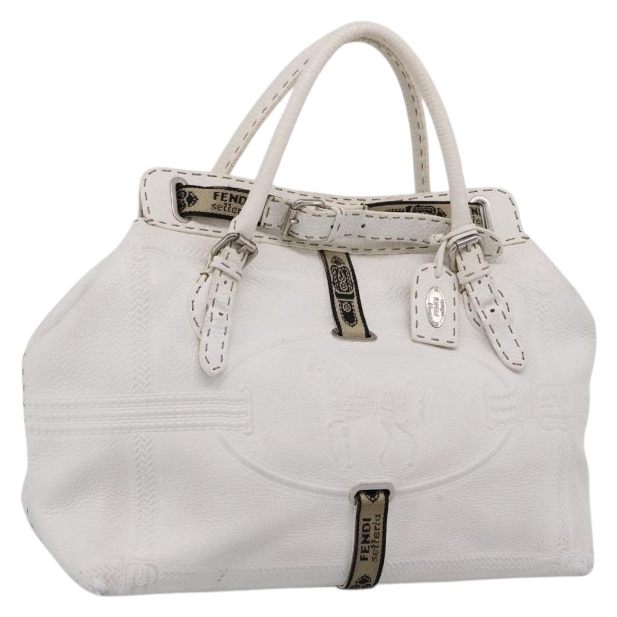 FENDI Celeria Tote Bag Leather White Silver Auth bs37656