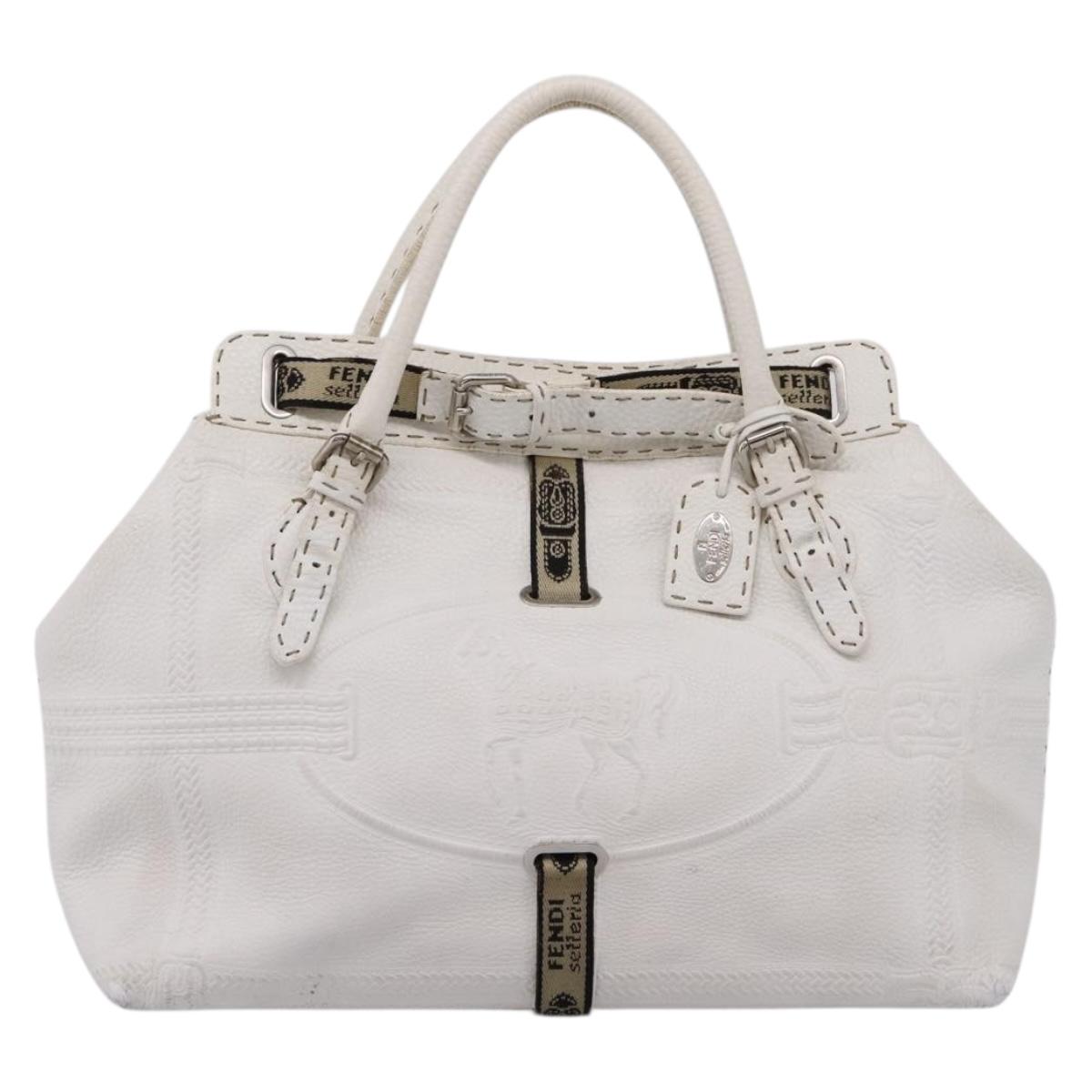 FENDI Celeria Tote Bag Leather White Silver Auth bs37656
