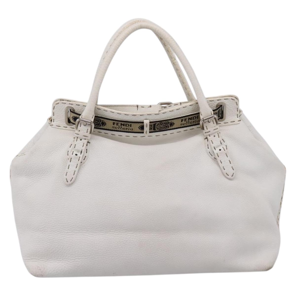 FENDI Celeria Tote Bag Leather White Silver Auth bs37656