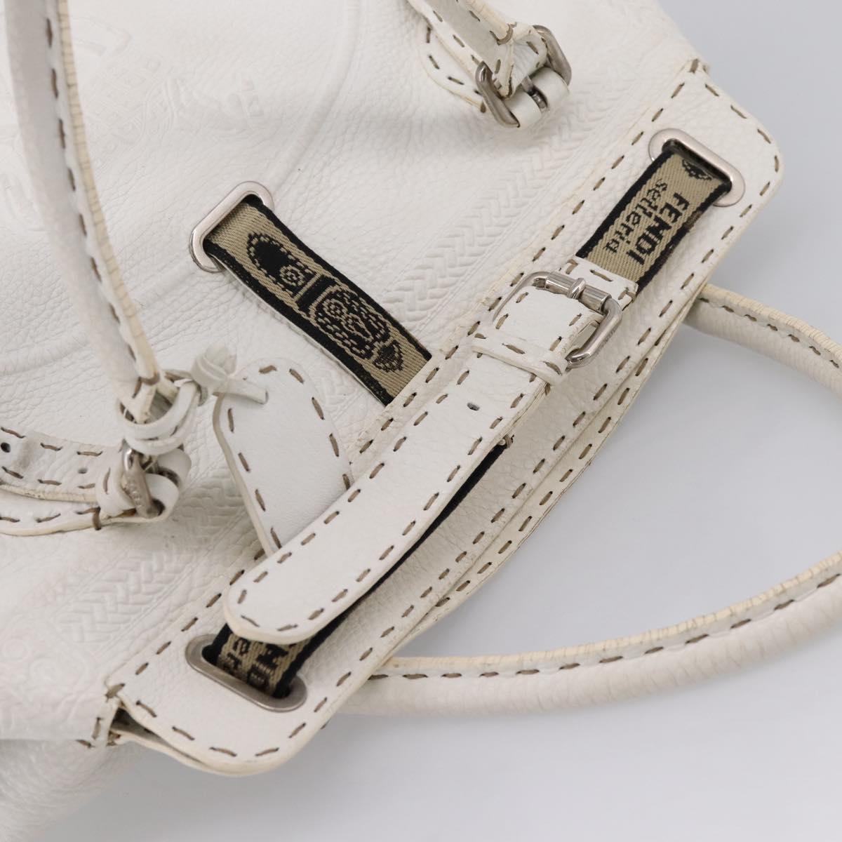 FENDI Celeria Tote Bag Leather White Silver Auth bs37656
