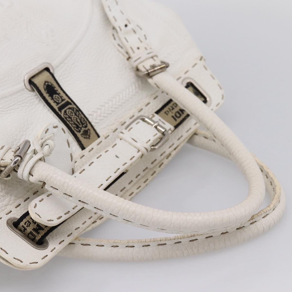 FENDI Celeria Tote Bag Leather White Silver Auth bs37656