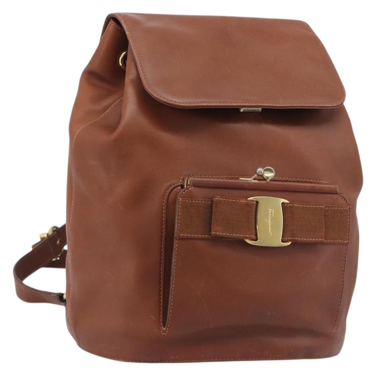 Salvatore Ferragamo Vala Backpack Leather Brown Gold Auth bs37669