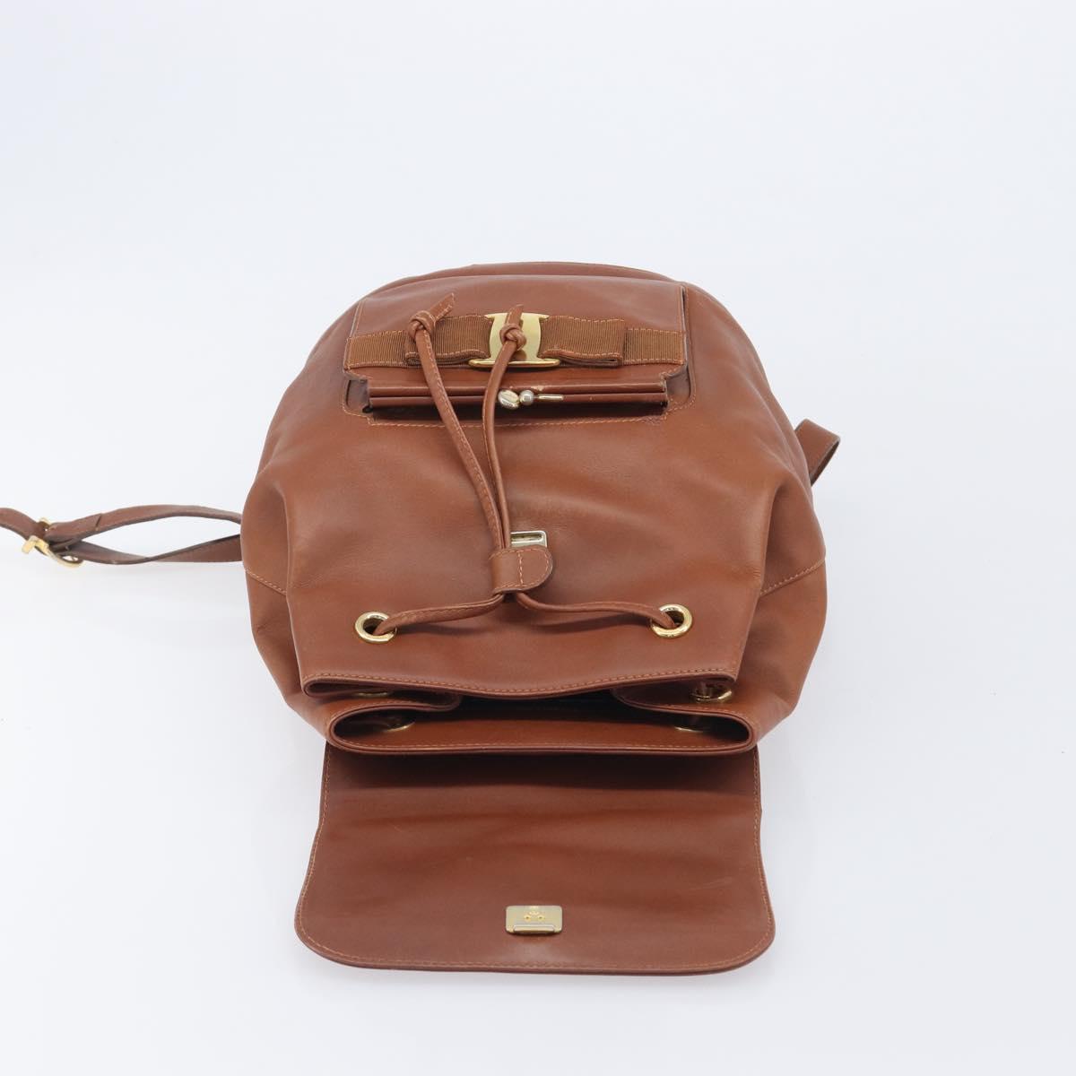 Salvatore Ferragamo Vala Backpack Leather Brown Gold Auth bs37669