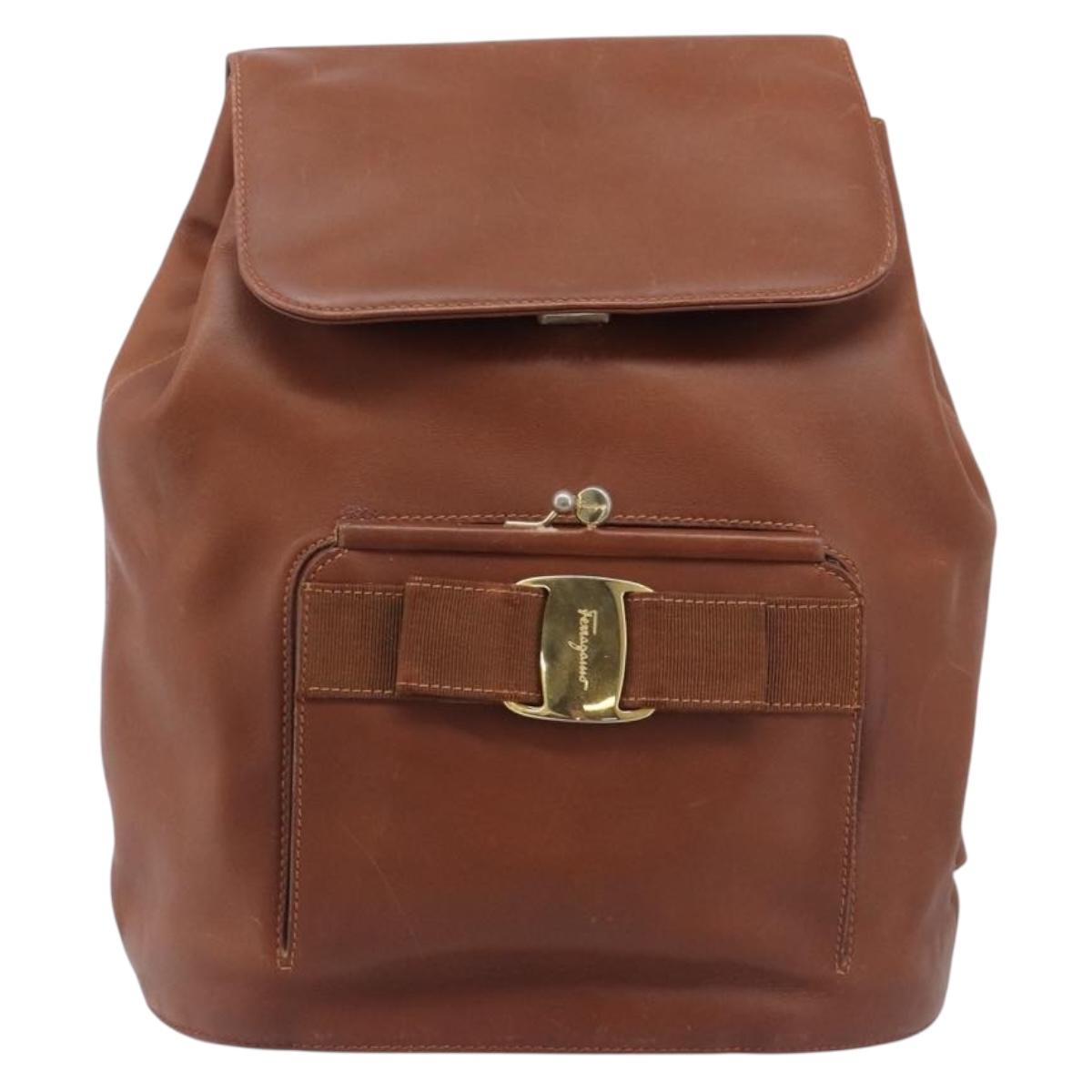 Salvatore Ferragamo Vala Backpack Leather Brown Gold Auth bs37669