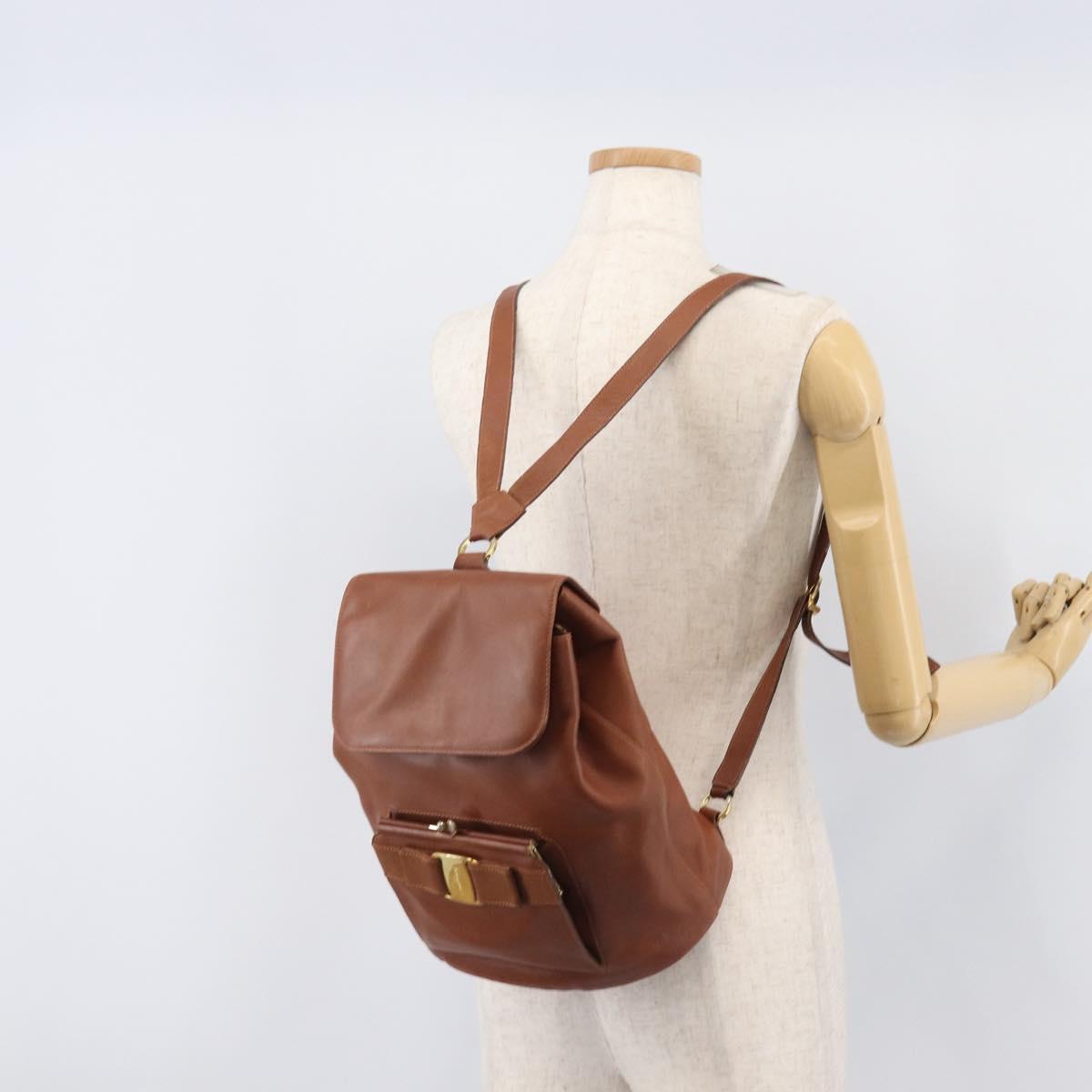Salvatore Ferragamo Vala Backpack Leather Brown Gold Auth bs37669
