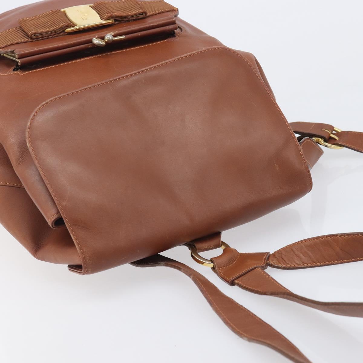 Salvatore Ferragamo Vala Backpack Leather Brown Gold Auth bs37669