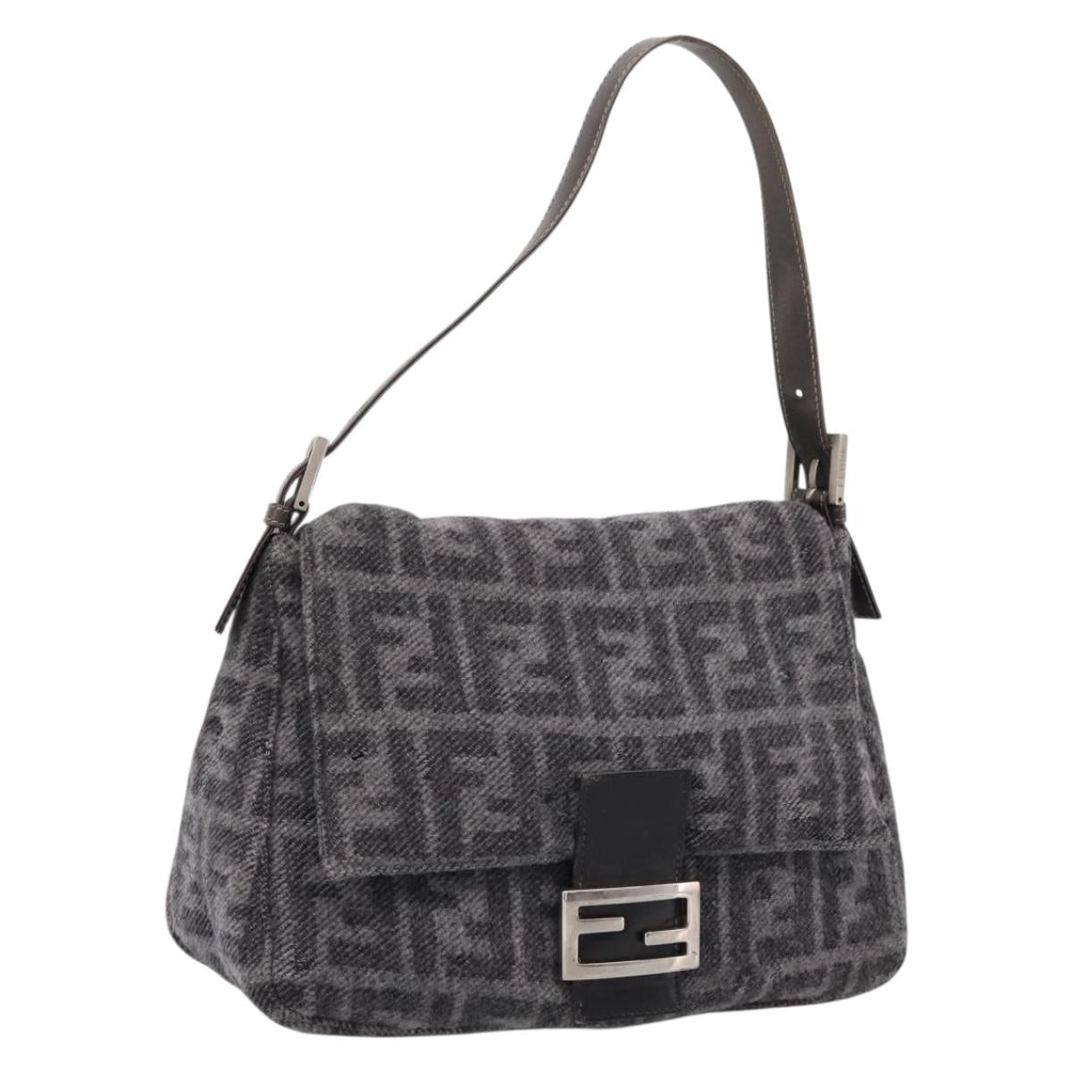 FENDI Mamma Baguette Shoulder Bag Wool Gray Silver Auth bs37675A