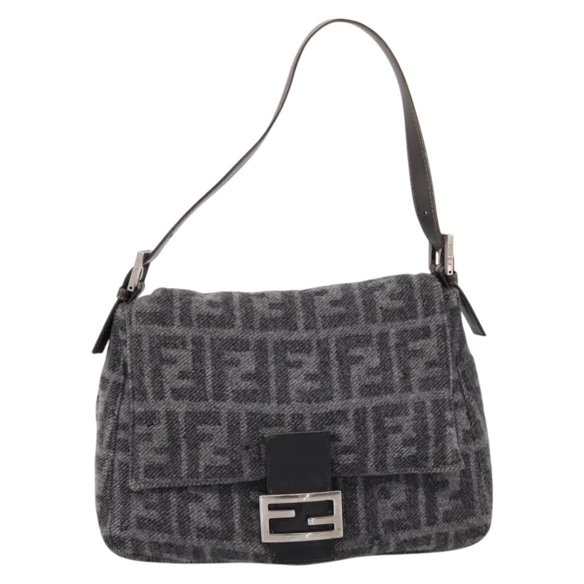 FENDI Mamma Baguette Shoulder Bag Wool Gray Silver Auth bs37675A