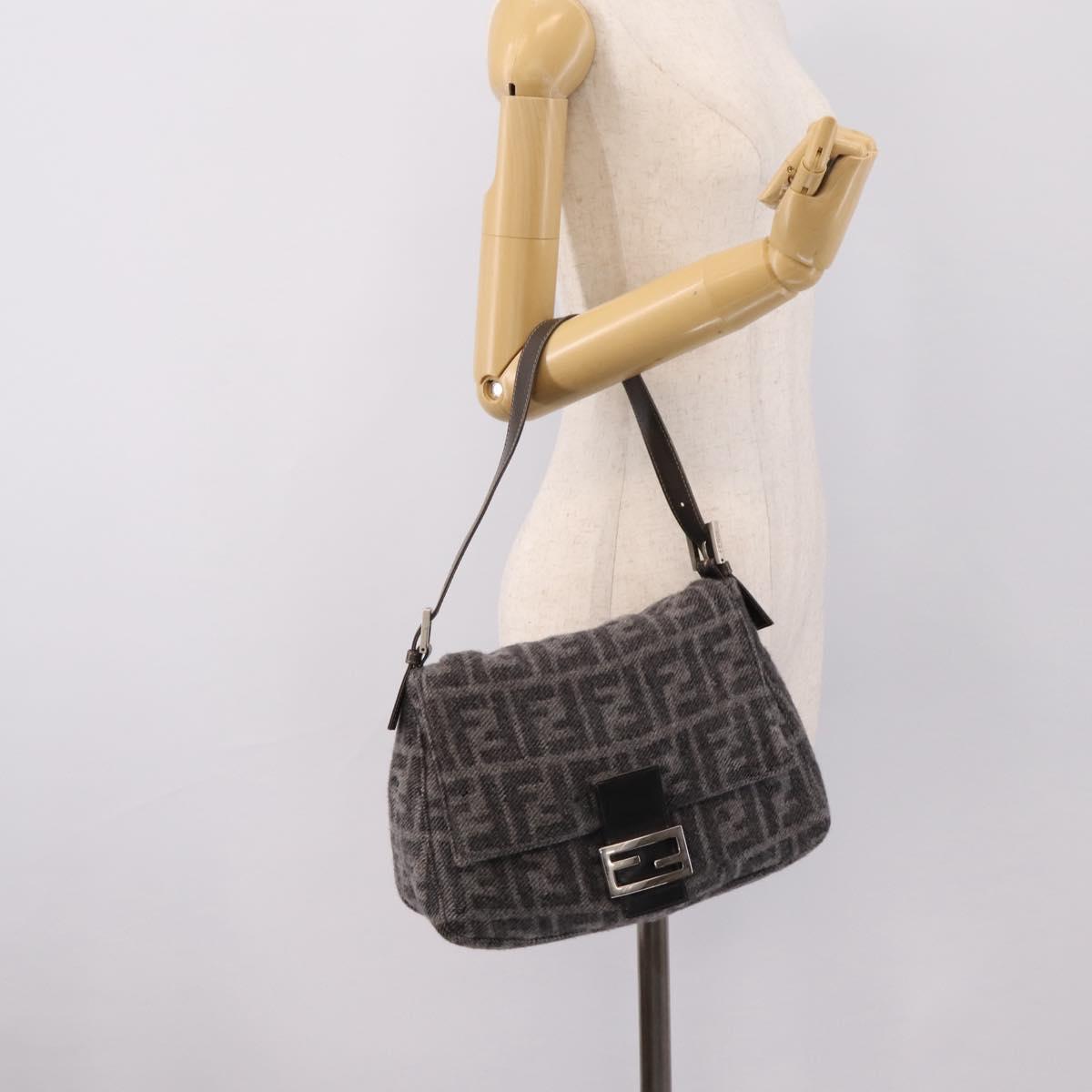 FENDI Mamma Baguette Shoulder Bag Wool Gray Silver Auth bs37675A