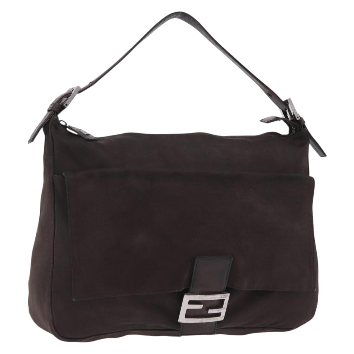 FENDI Mamma Baguette Shoulder Bag Cotton Jersey Brown Silver Auth bs37676