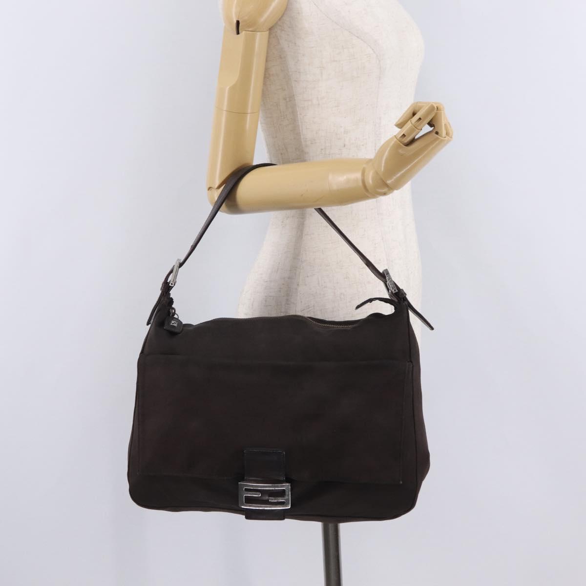 FENDI Mamma Baguette Shoulder Bag Cotton Jersey Brown Silver Auth bs37676