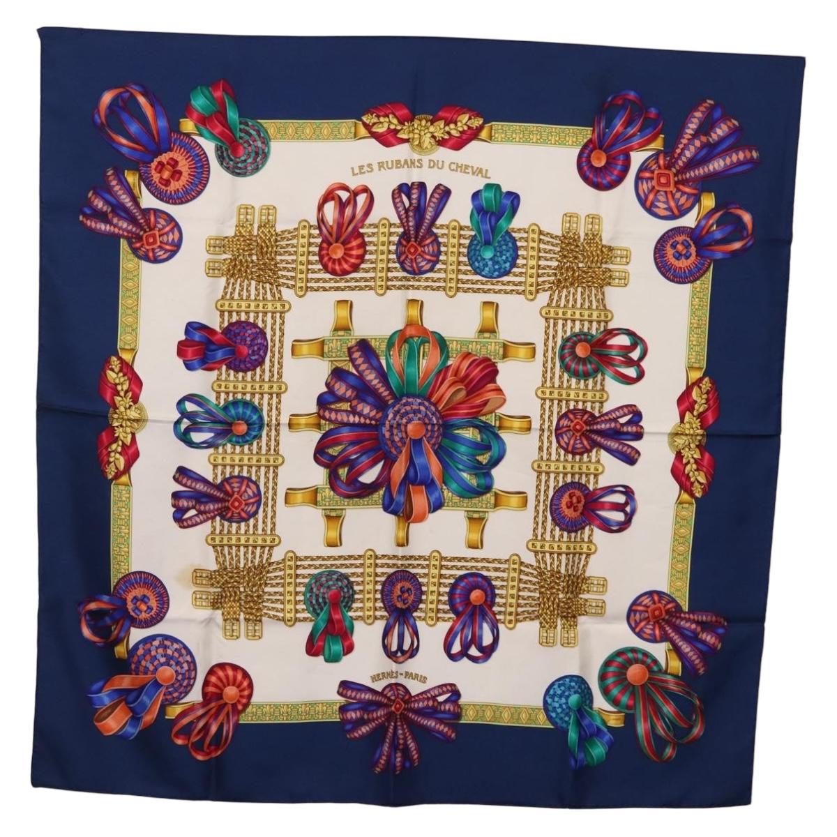 HERMES Carre 90 Scarf ”LES RUBANS DU CHEVAL” Silk Blue Auth bs37692