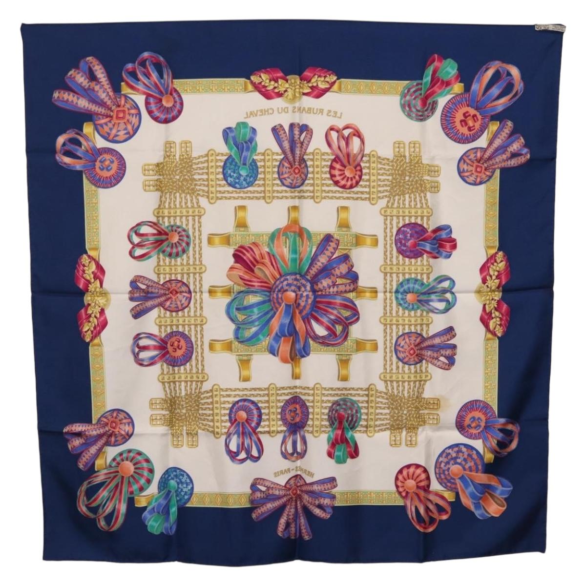 HERMES Carre 90 Scarf ”LES RUBANS DU CHEVAL” Silk Blue Auth bs37692