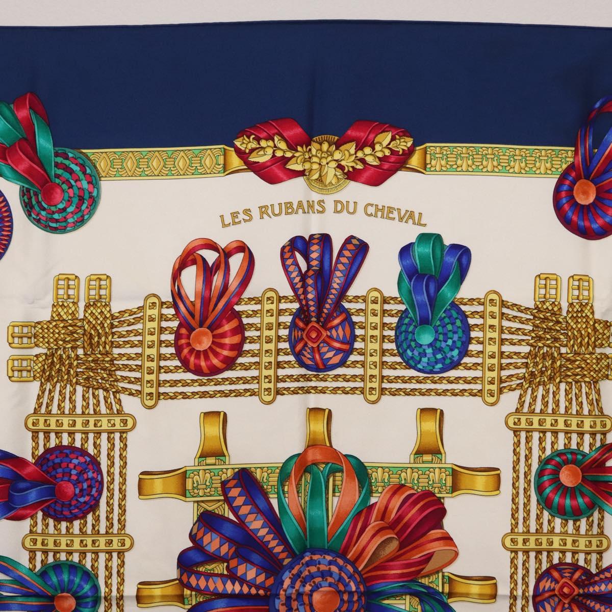 HERMES Carre 90 Scarf ”LES RUBANS DU CHEVAL” Silk Blue Auth bs37692