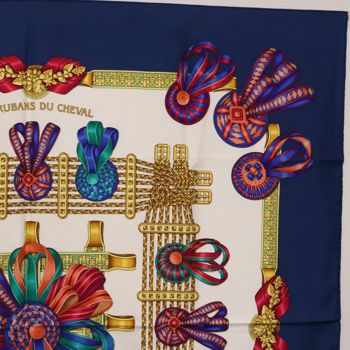 HERMES Carre 90 Scarf ”LES RUBANS DU CHEVAL” Silk Blue Auth bs37692
