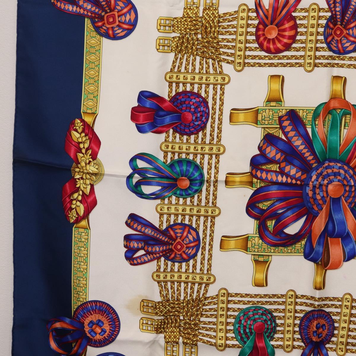 HERMES Carre 90 Scarf ”LES RUBANS DU CHEVAL” Silk Blue Auth bs37692