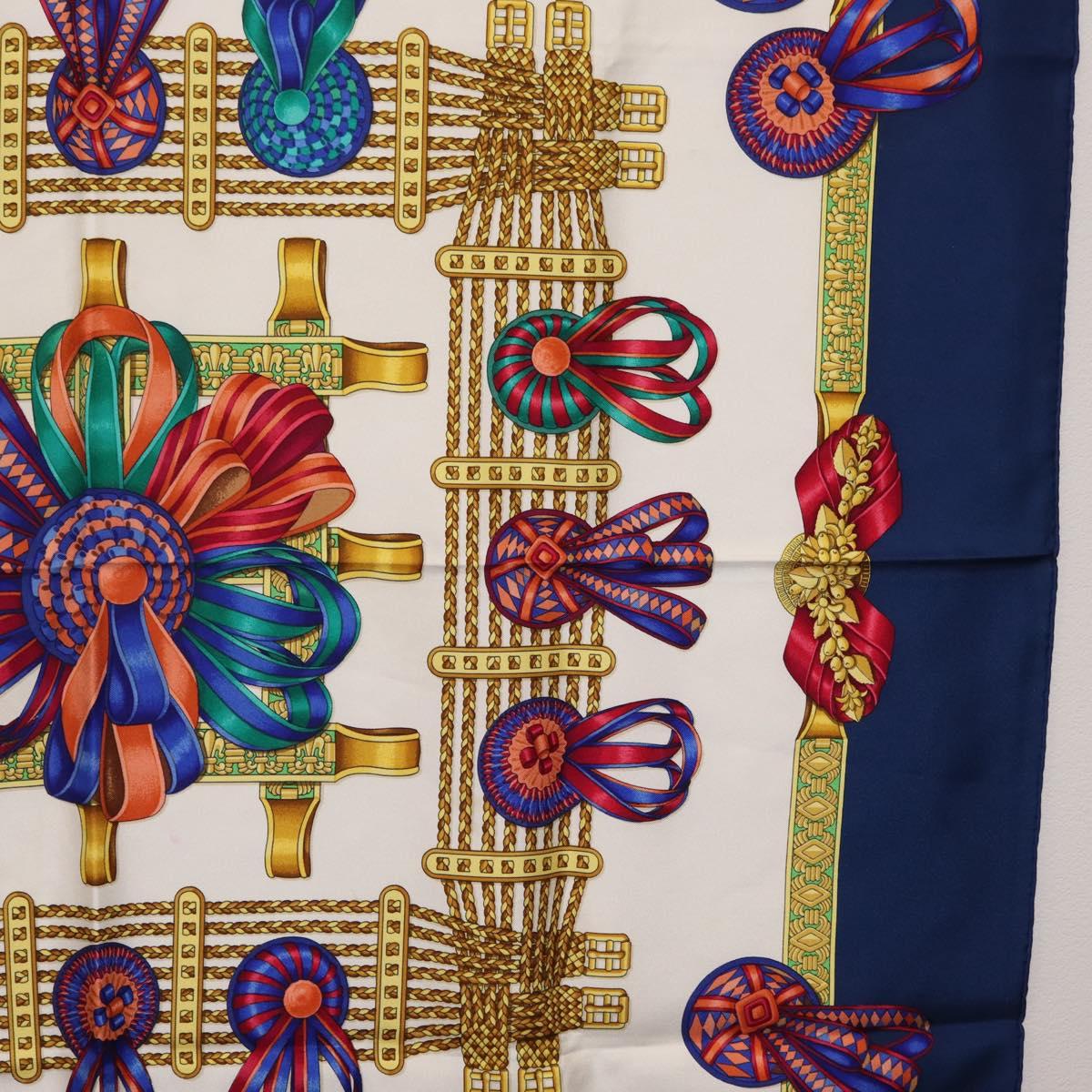 HERMES Carre 90 Scarf ”LES RUBANS DU CHEVAL” Silk Blue Auth bs37692
