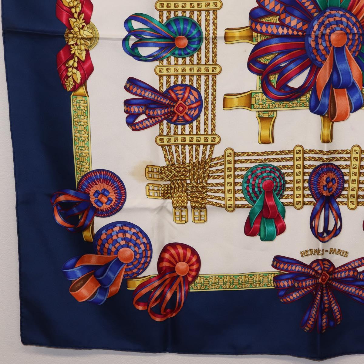 HERMES Carre 90 Scarf ”LES RUBANS DU CHEVAL” Silk Blue Auth bs37692