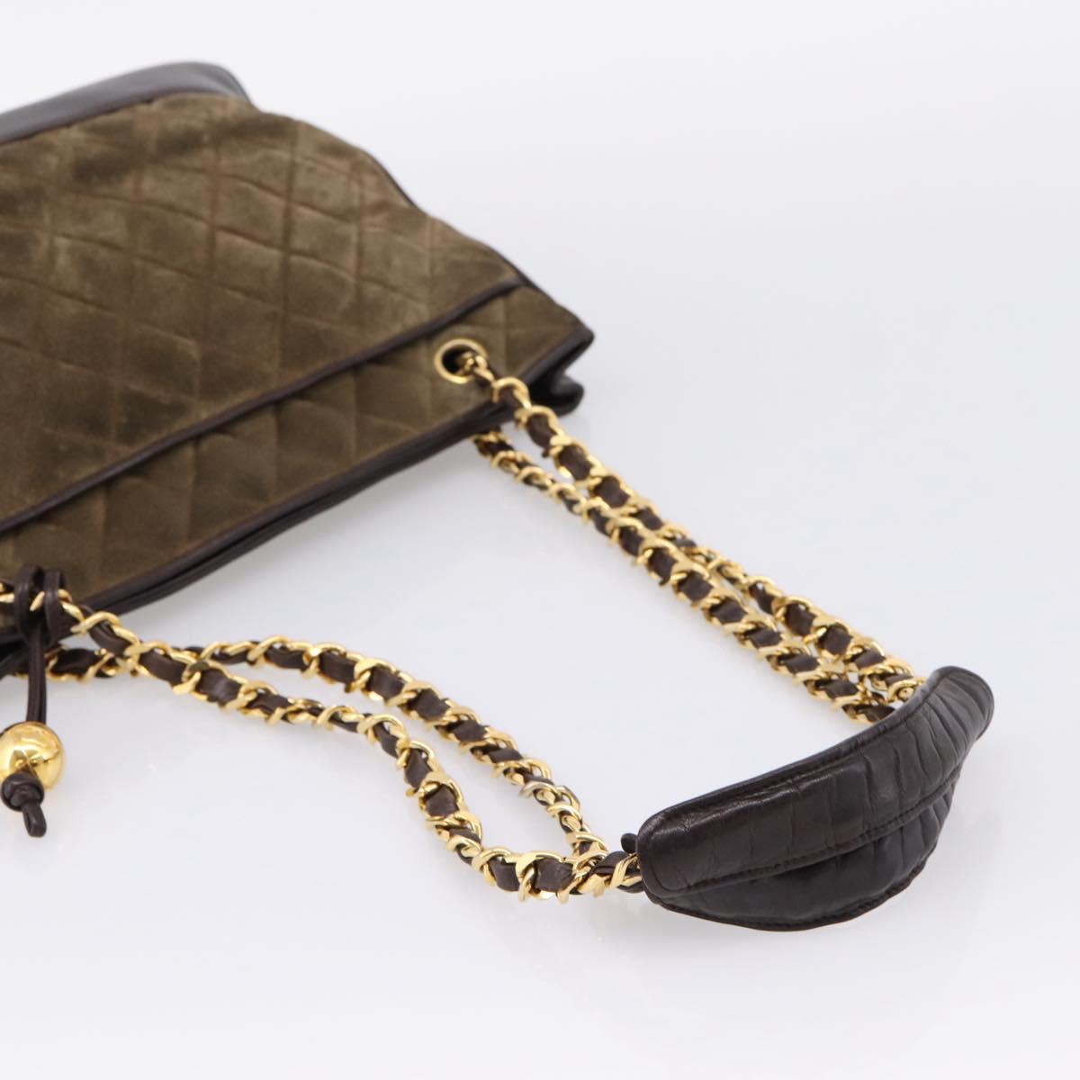 CHANEL Matelasse Chain Shoulder Bag Suede Leather Green Gold CC Auth bs37714A