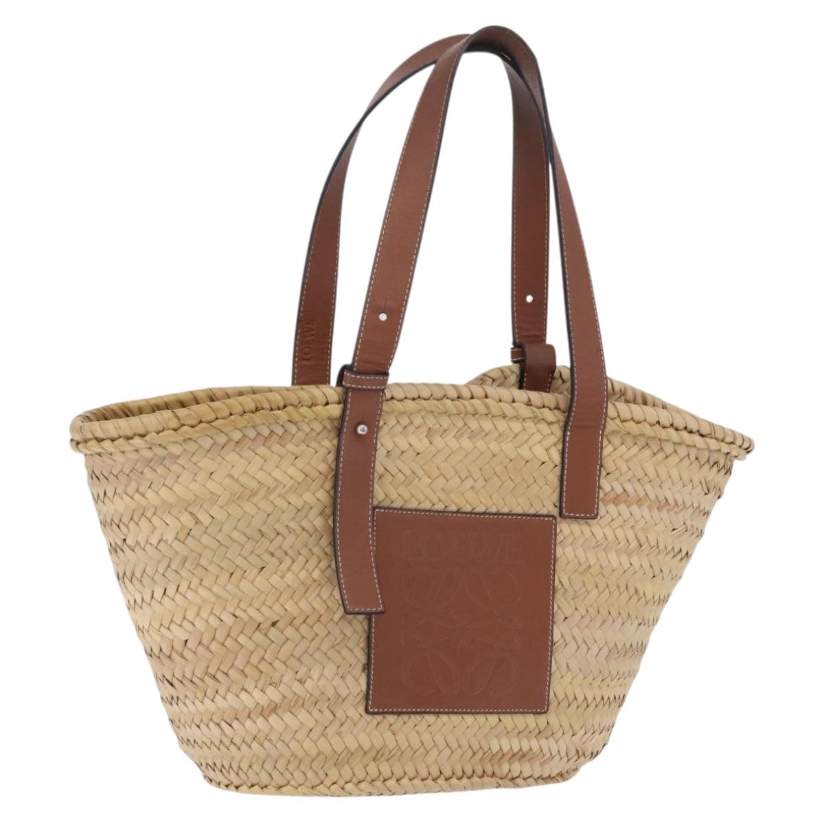 LOEWE Anagram Basket Bag Hand Bag Raffia Leather Beige Silver Auth bs37718A