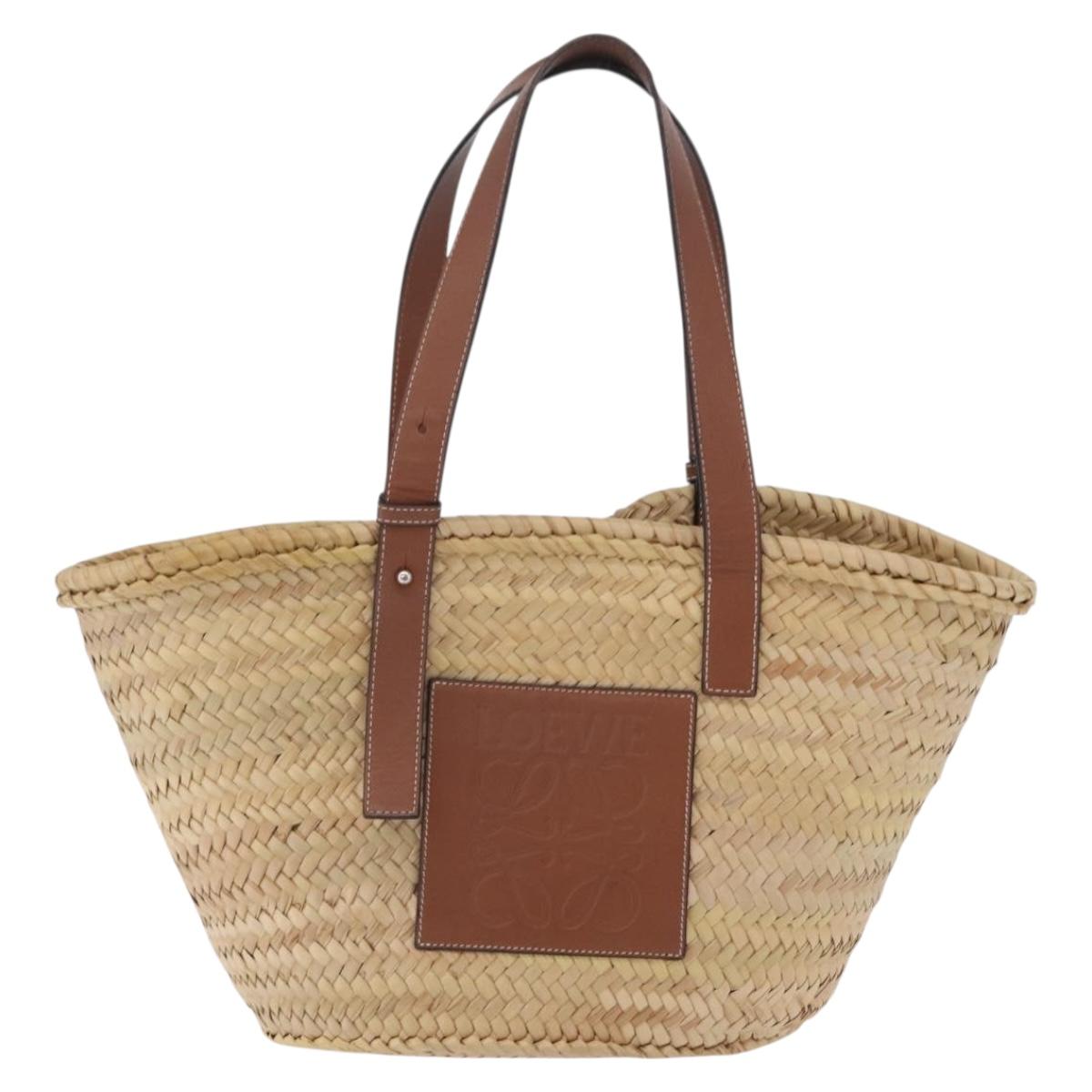 LOEWE Anagram Basket Bag Hand Bag Raffia Leather Beige Silver Auth bs37718A