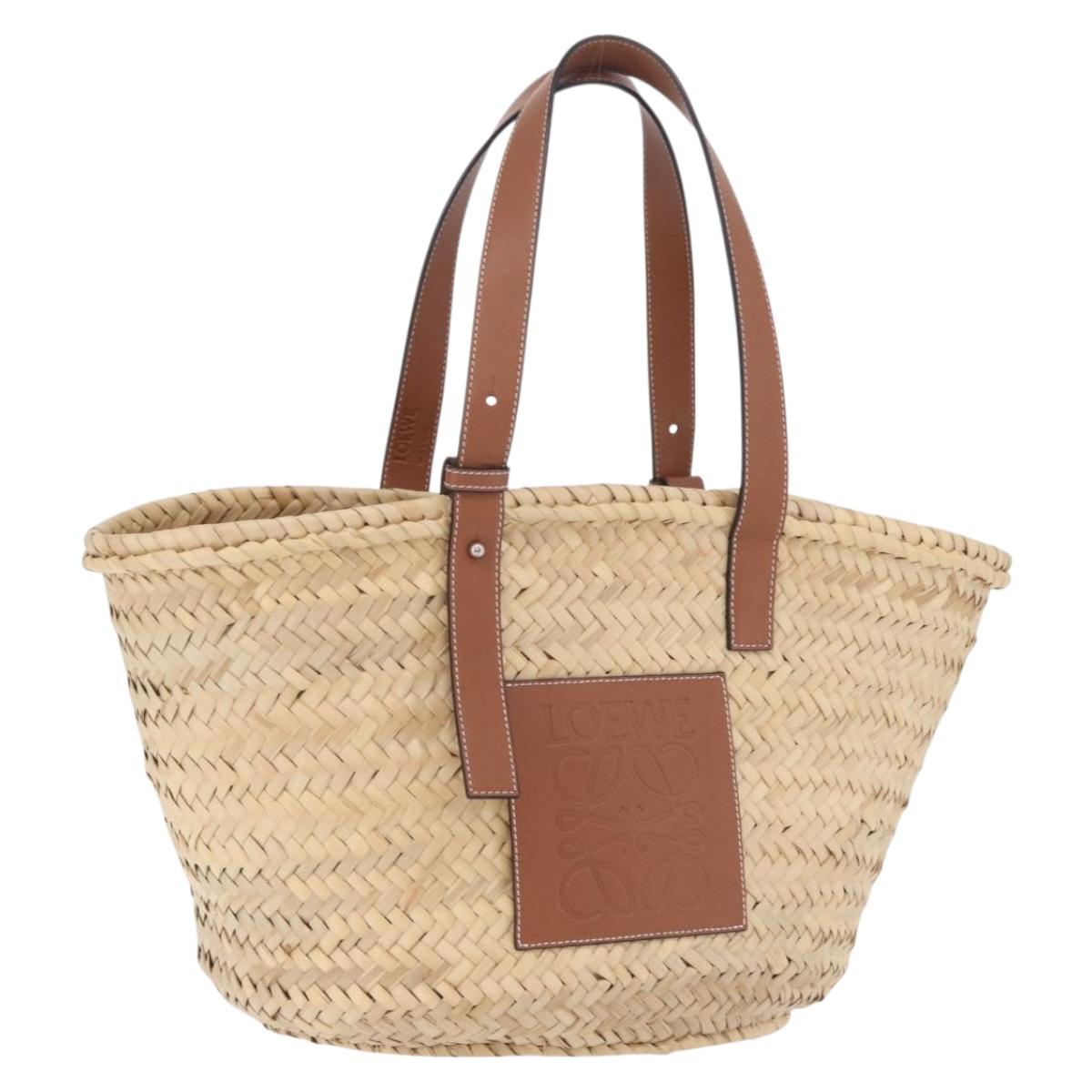 LOEWE Anagram Basket bag Hand Bag Raffia Leather Beige Silver Auth bs37719V