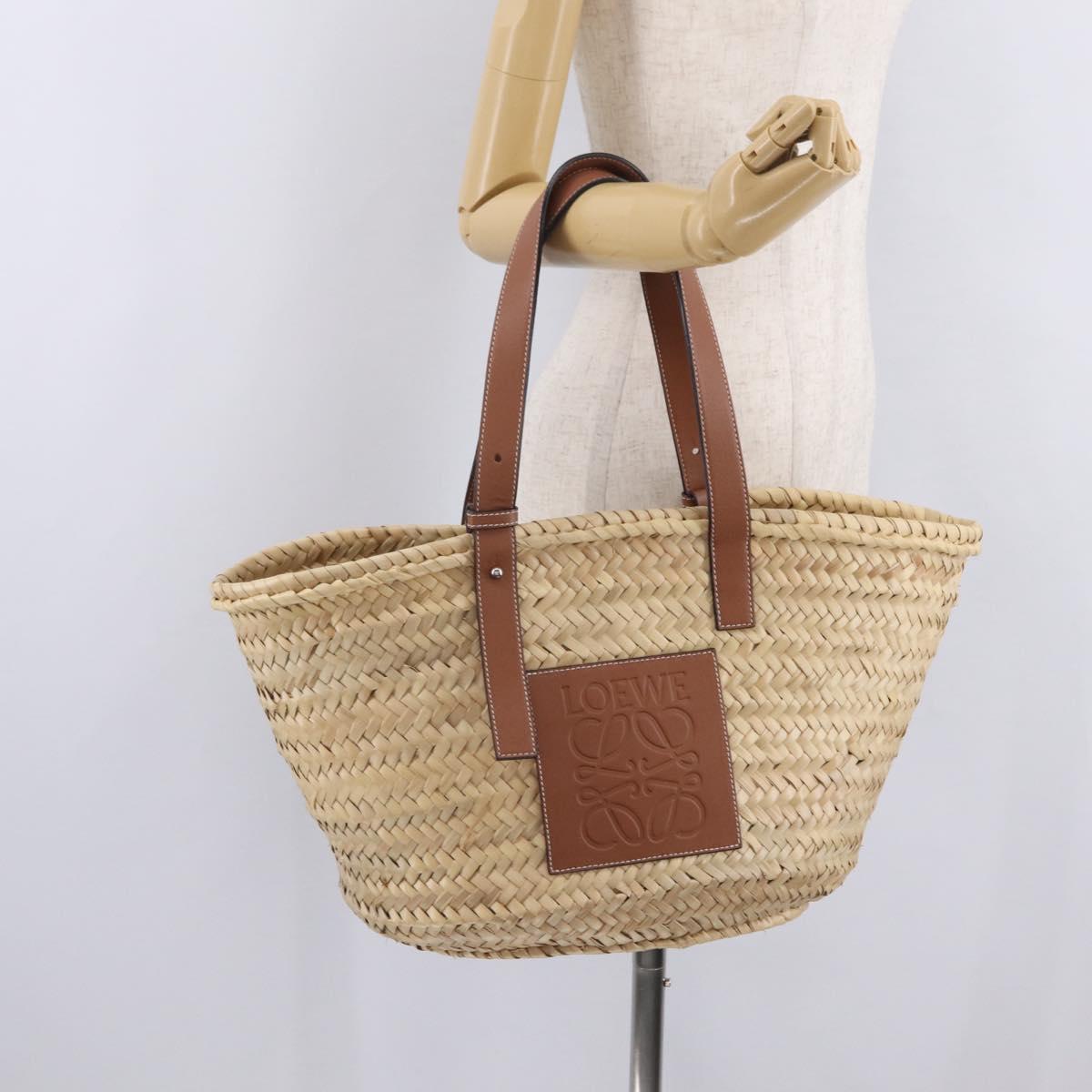 LOEWE Anagram Basket bag Hand Bag Raffia Leather Beige Silver Auth bs37719V
