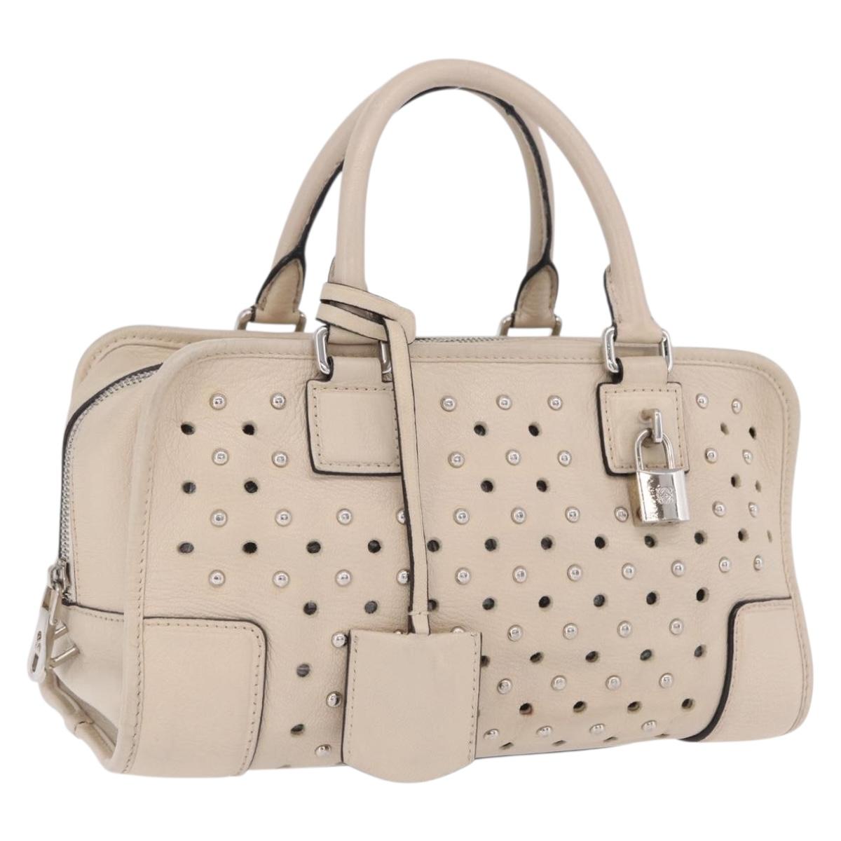 LOEWE Anagram Amazona 28 Hand Bag Leather Ivory Silver Auth bs37722