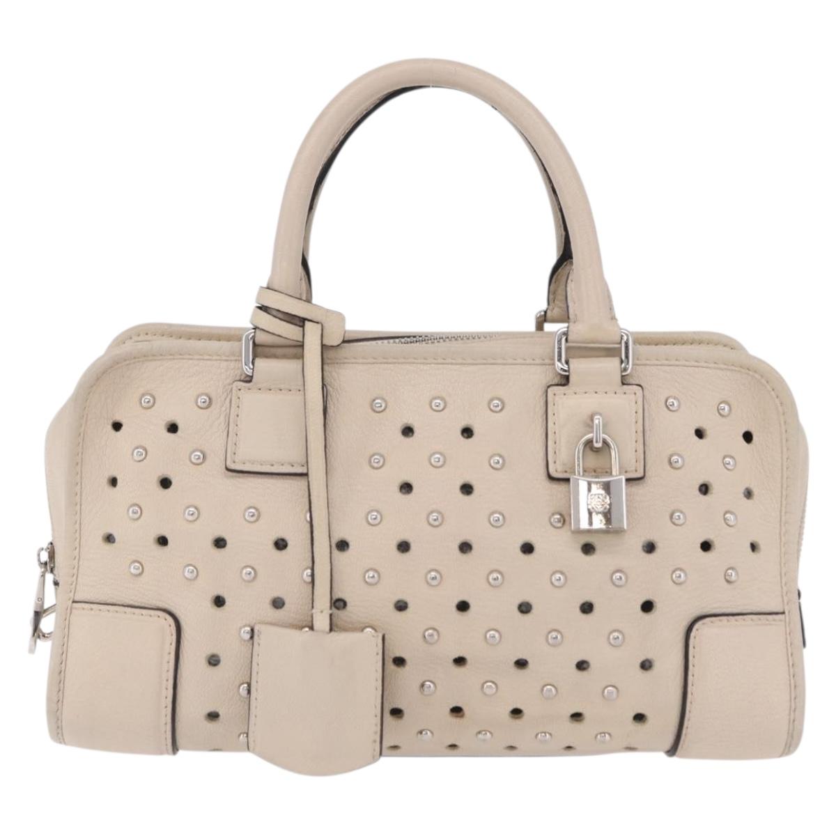 LOEWE Anagram Amazona 28 Hand Bag Leather Ivory Silver Auth bs37722